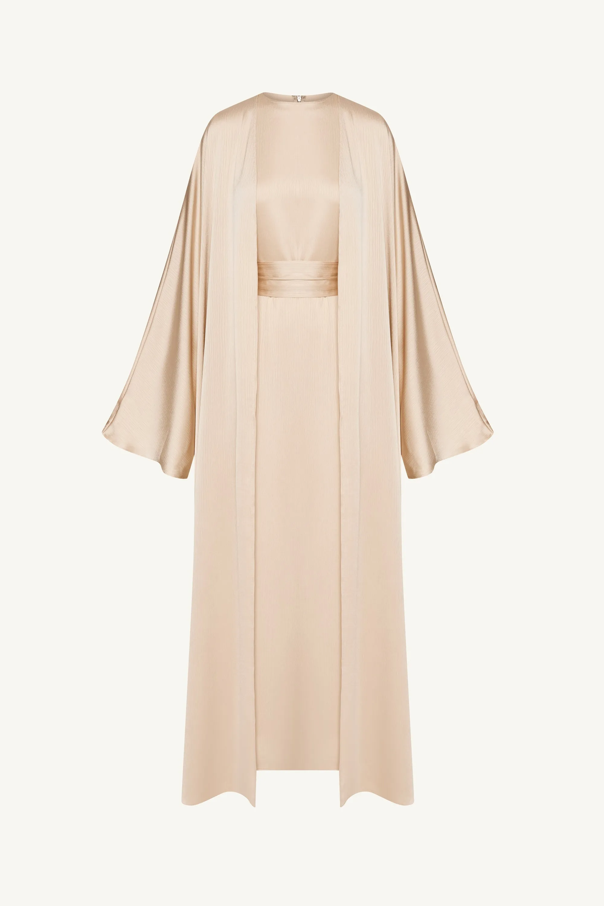 Ghada Satin Open Abaya & Dress Set - Golden Sand