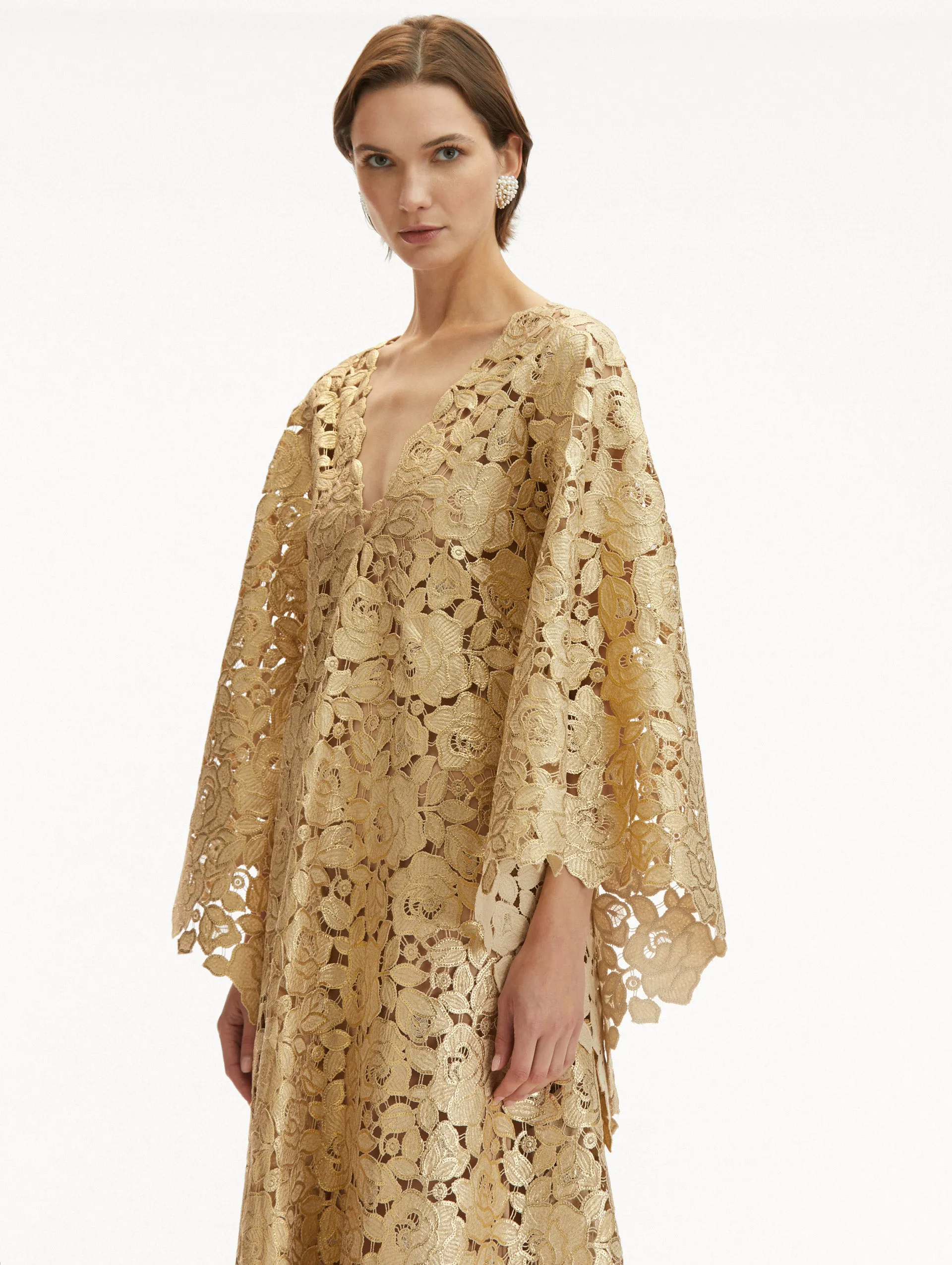 Gold Foil Rose Guipure Caftan