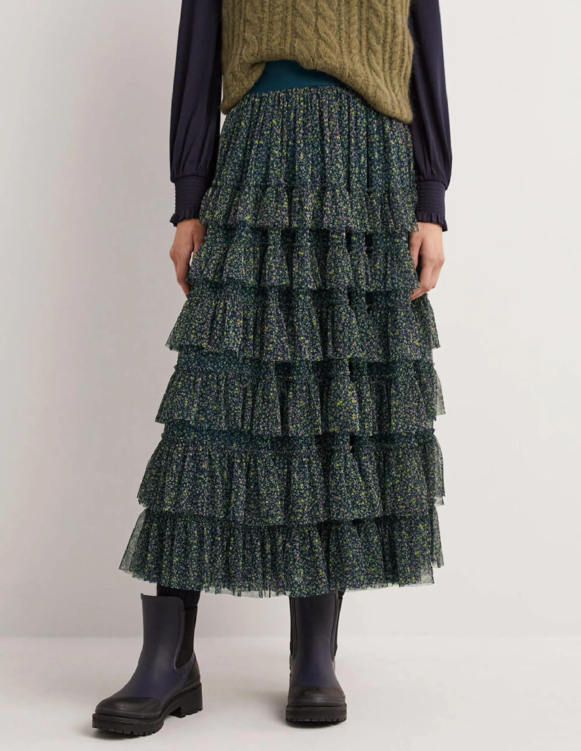 Green Ditsy Floral Tulle Midi Skirt-Seaweed. Wild Vine