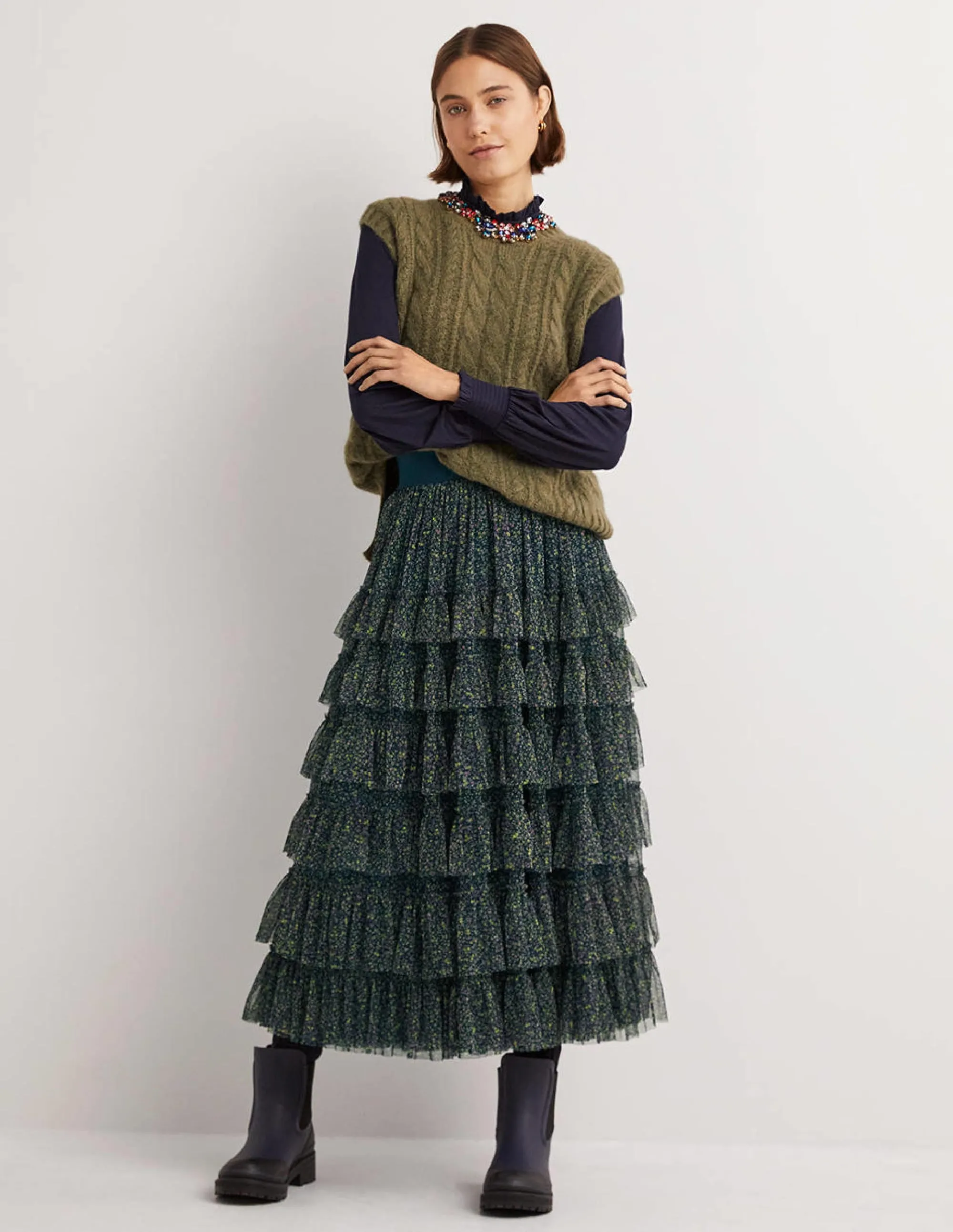 Green Ditsy Floral Tulle Midi Skirt-Seaweed. Wild Vine
