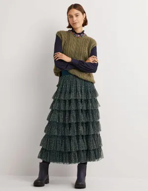 Green Ditsy Floral Tulle Midi Skirt-Seaweed. Wild Vine