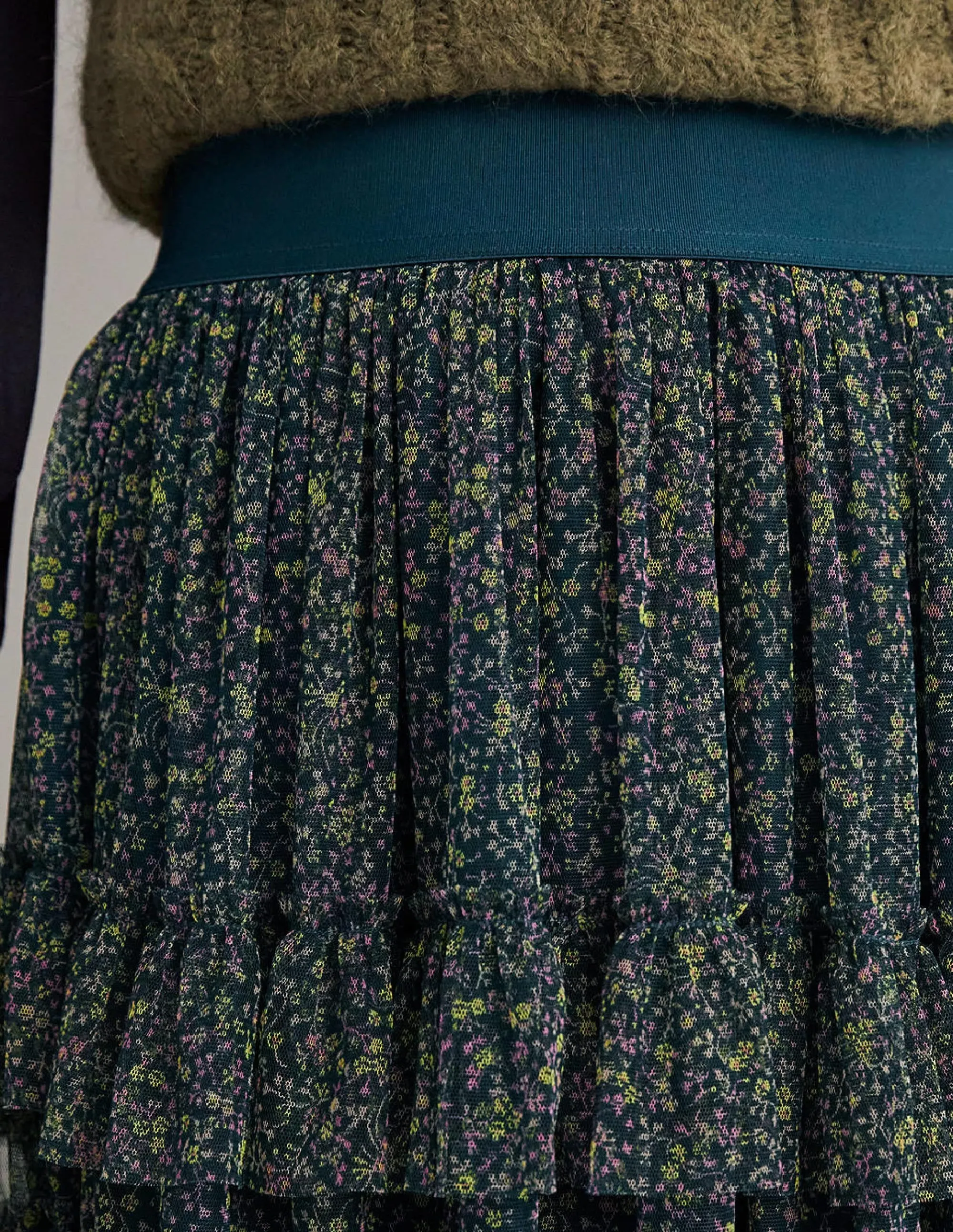 Green Ditsy Floral Tulle Midi Skirt-Seaweed. Wild Vine