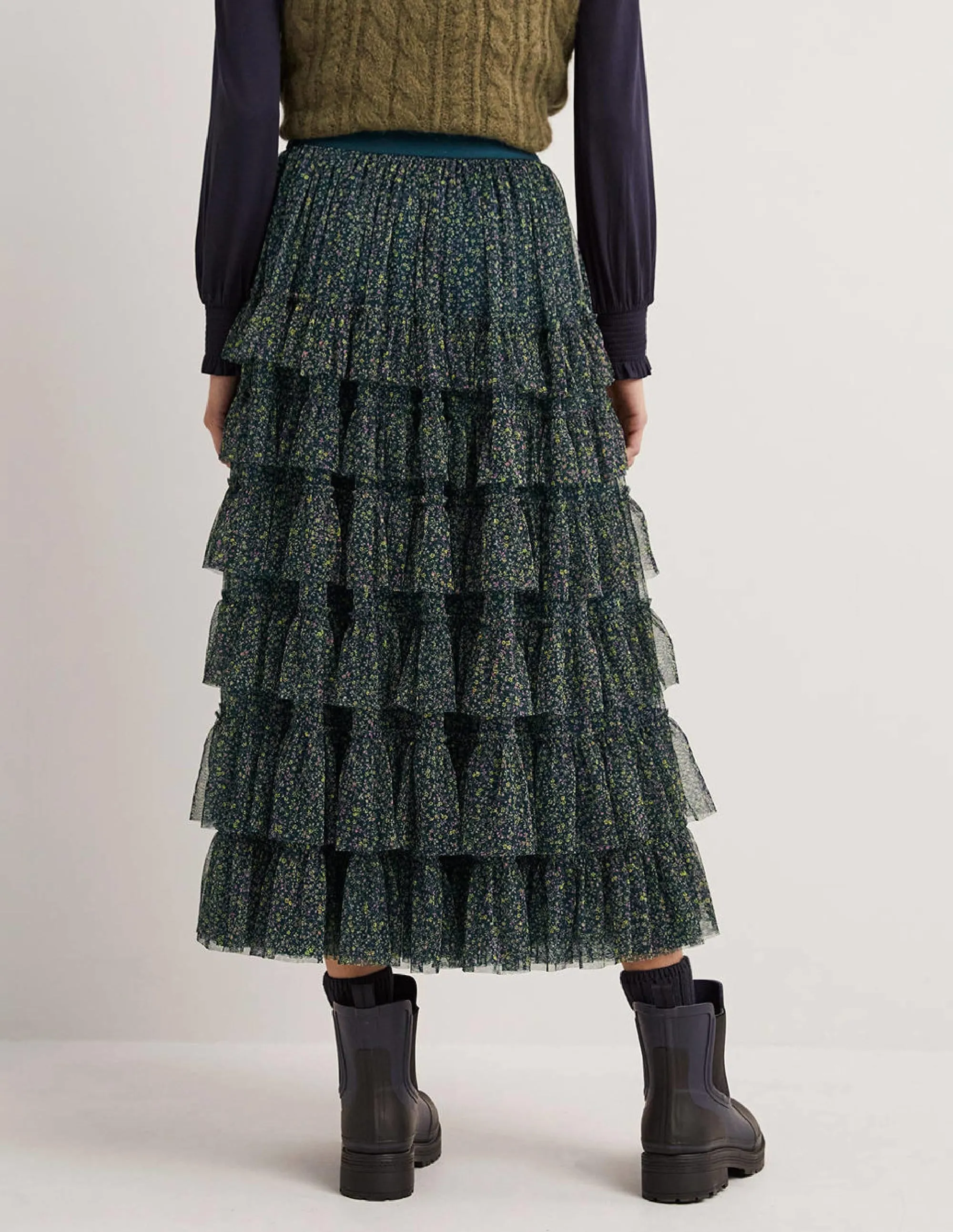 Green Ditsy Floral Tulle Midi Skirt-Seaweed. Wild Vine