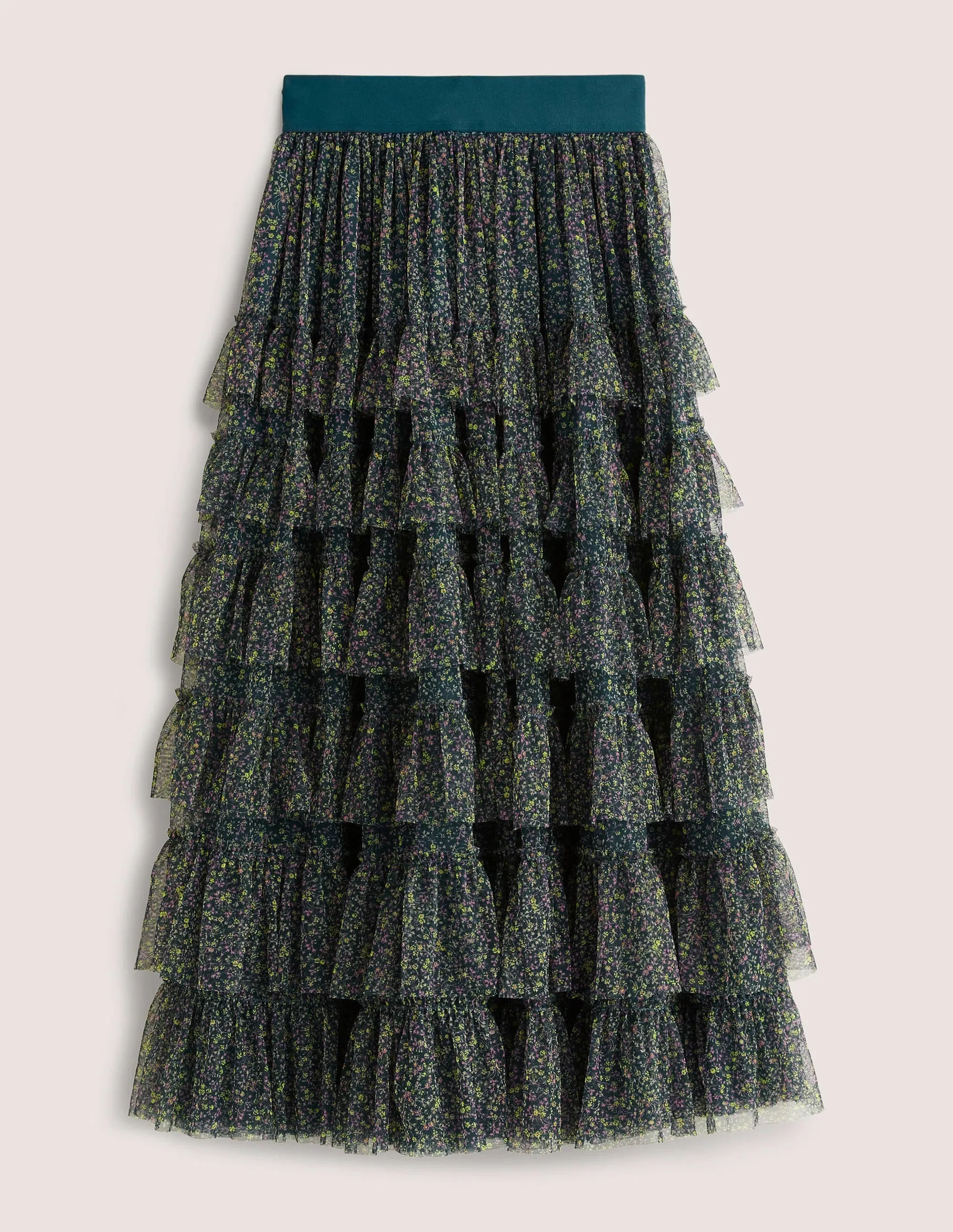 Green Ditsy Floral Tulle Midi Skirt-Seaweed. Wild Vine