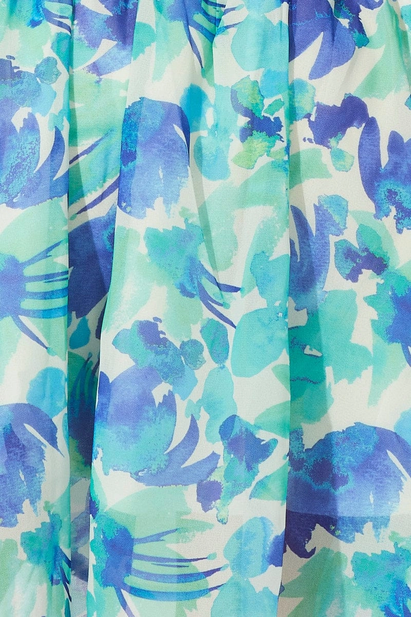Green Floral Dress Watercolour Print Ring Front Balloon Sleeve