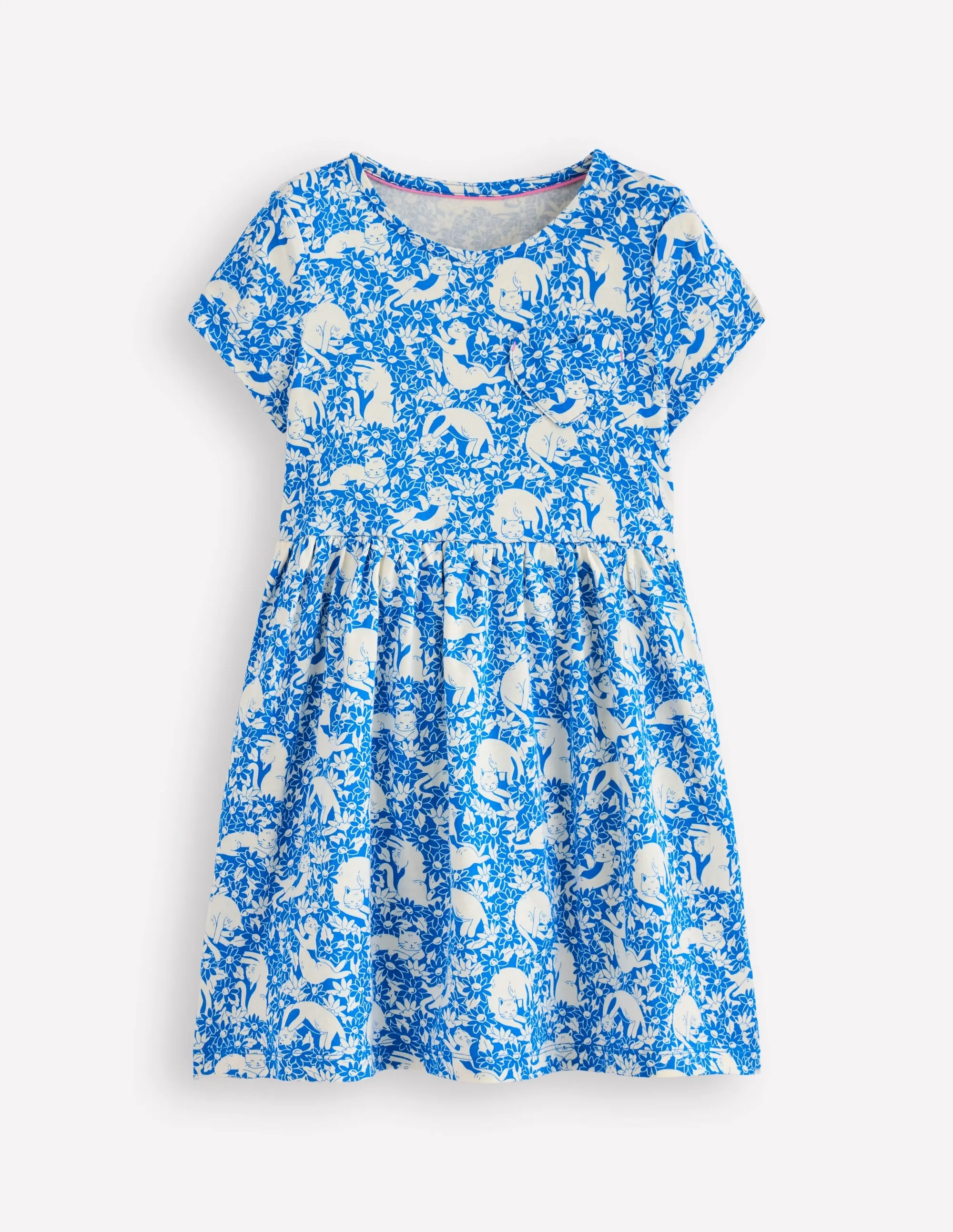 Heart Pocket Fun Jersey Dress-Kingfisher Blue Kitten Meadow