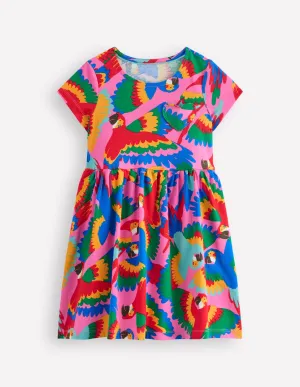 Heart Pocket Fun Jersey Dress-Multi Rainbow Parrot
