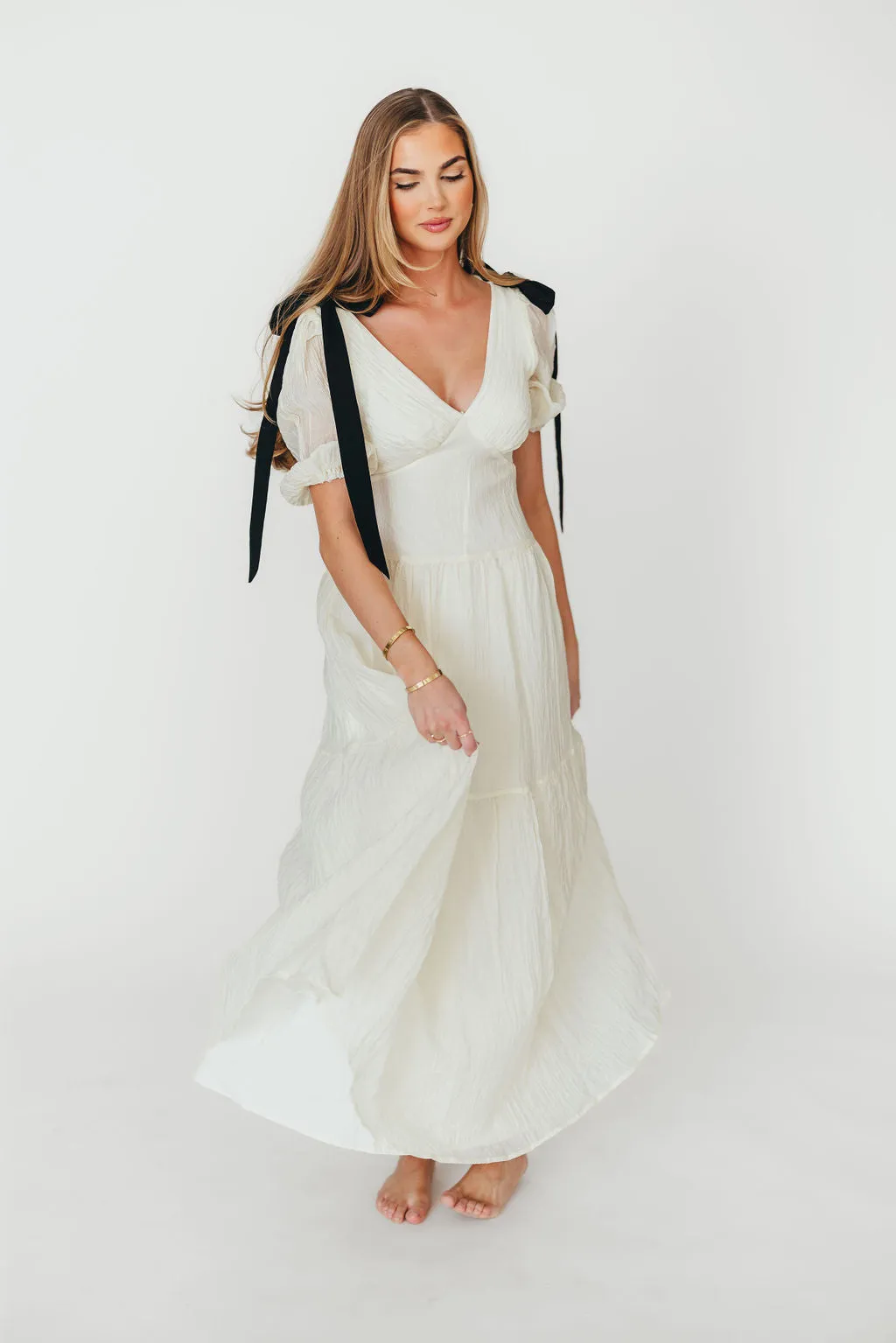 Iris Puffy Sleeve with Bows Maxi Dress in Cream