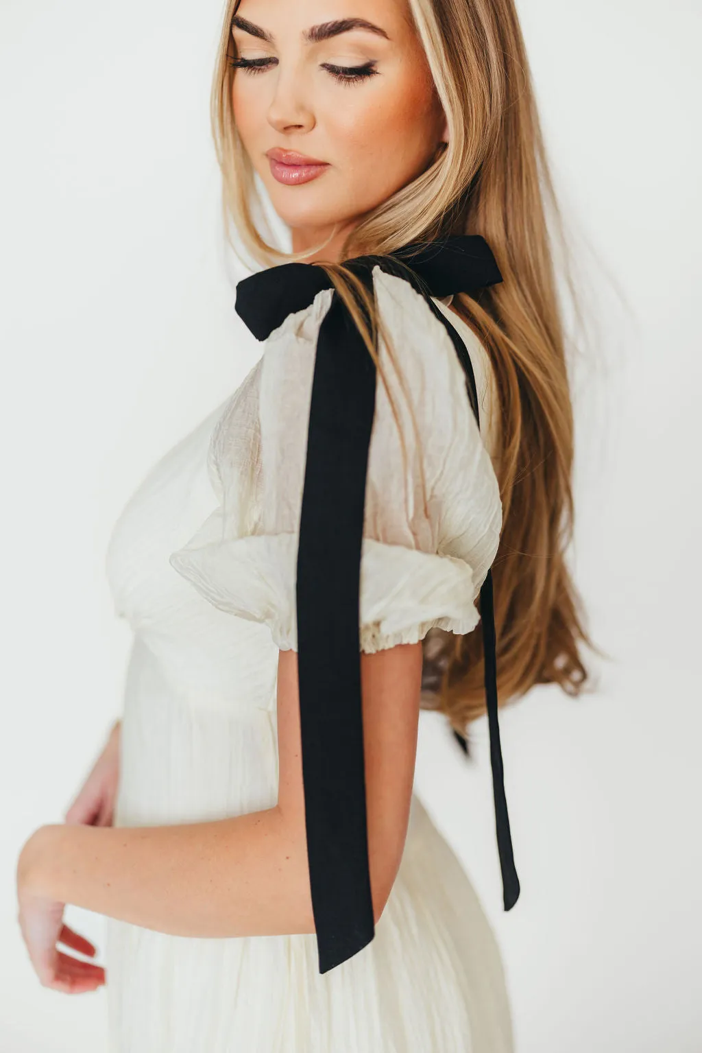 Iris Puffy Sleeve with Bows Maxi Dress in Cream