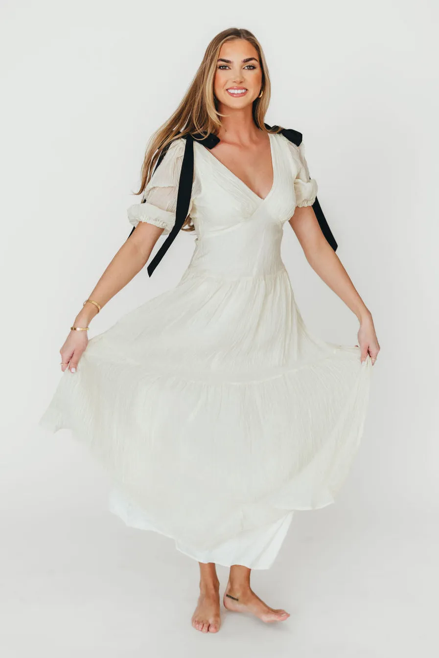 Iris Puffy Sleeve with Bows Maxi Dress in Cream