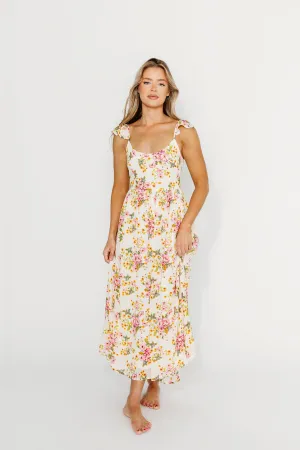Jada Floral Flutter Sleeve Open Back Midi Dress in Natural/Dusty Pink