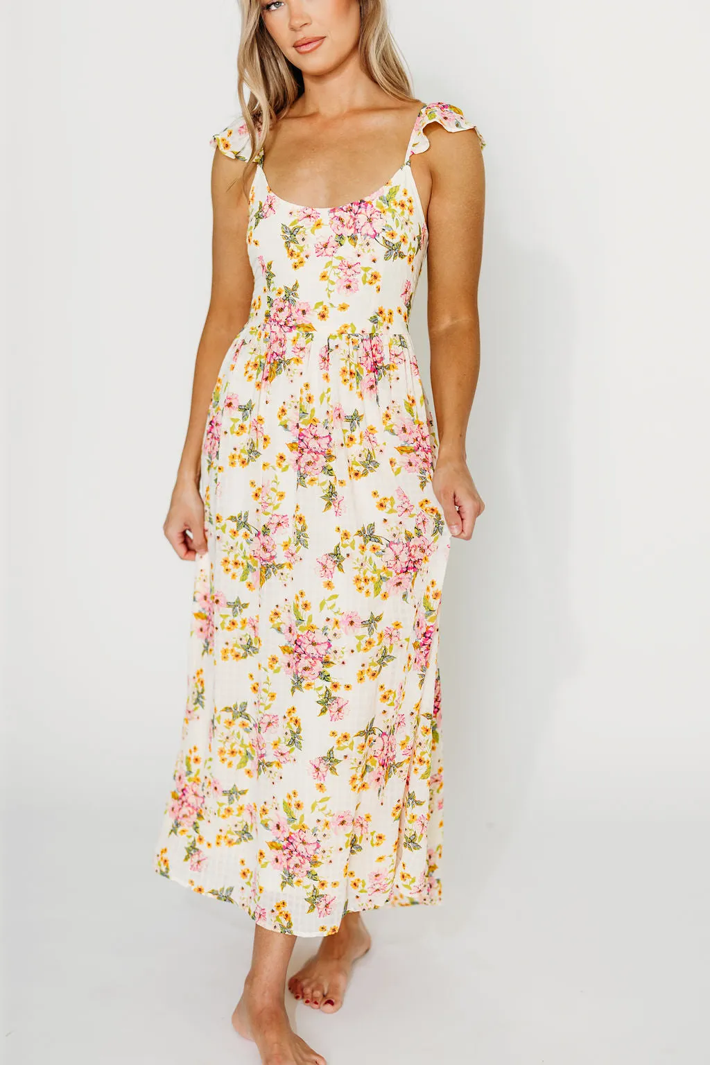 Jada Floral Flutter Sleeve Open Back Midi Dress in Natural/Dusty Pink