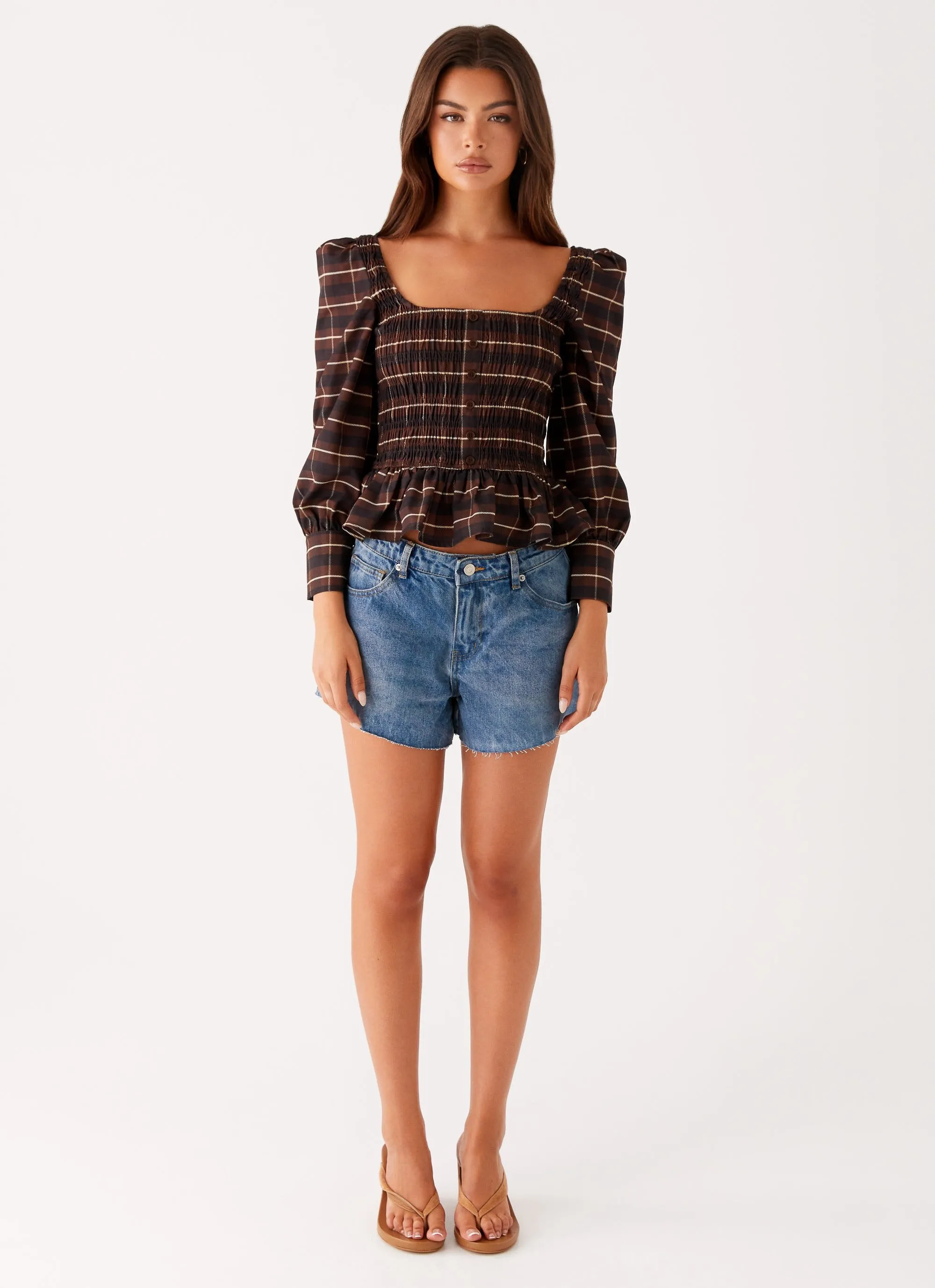 Joyce Long Sleeve Shirred Top - Chocolate Check