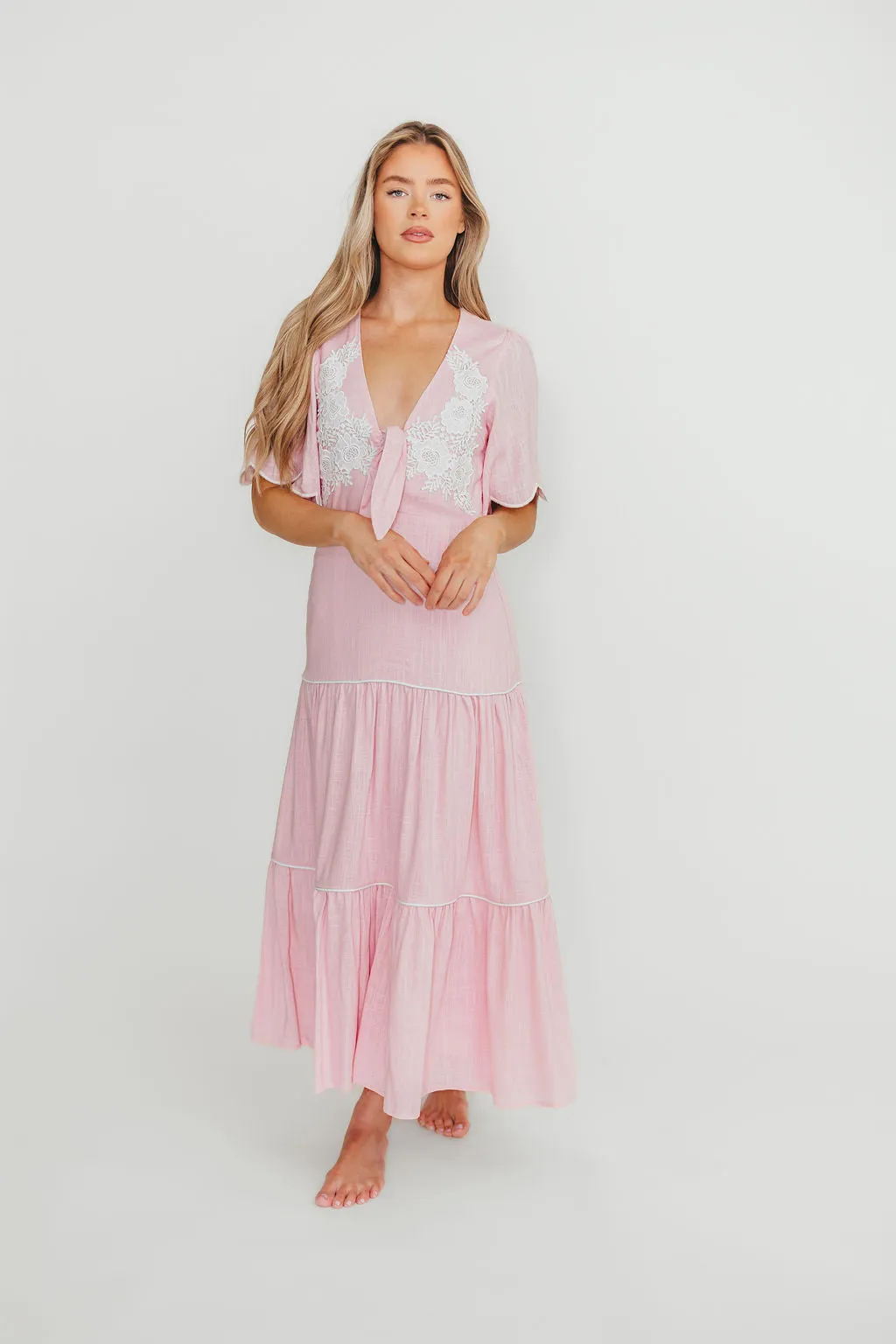 Lena Embroidered Tiered Midi Dress in Soft Pink