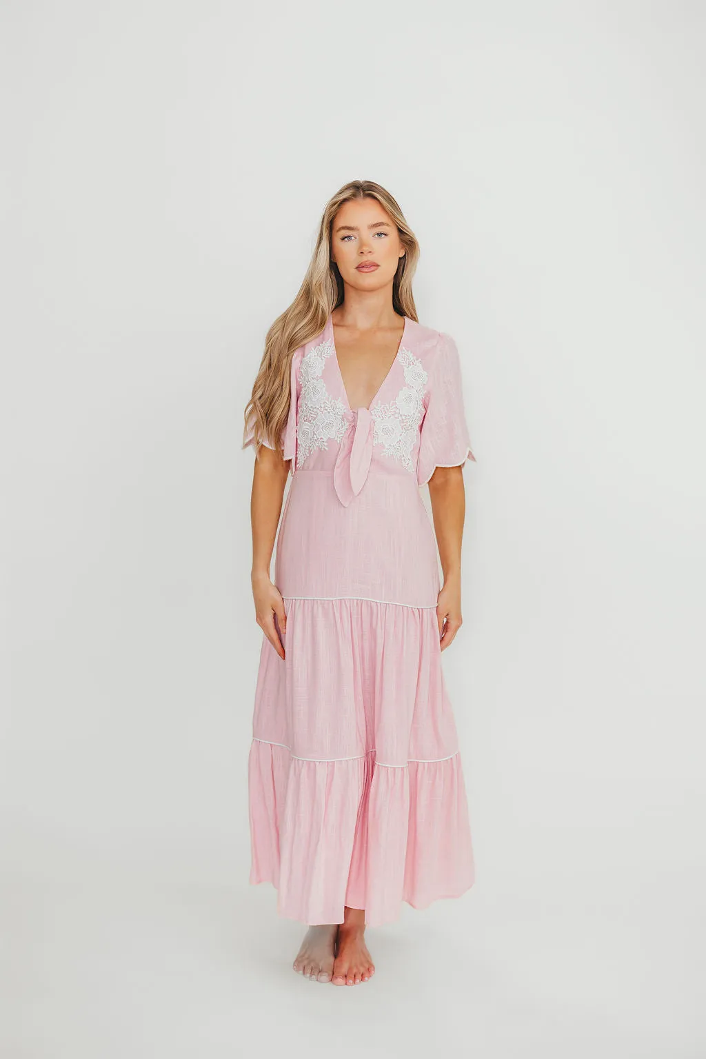 Lena Embroidered Tiered Midi Dress in Soft Pink