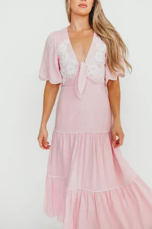 Lena Embroidered Tiered Midi Dress in Soft Pink
