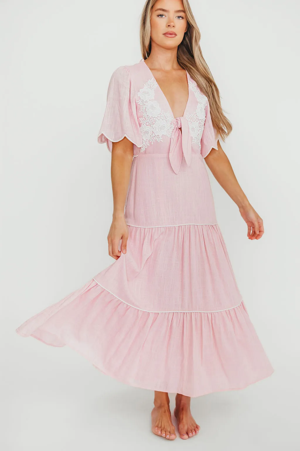 Lena Embroidered Tiered Midi Dress in Soft Pink