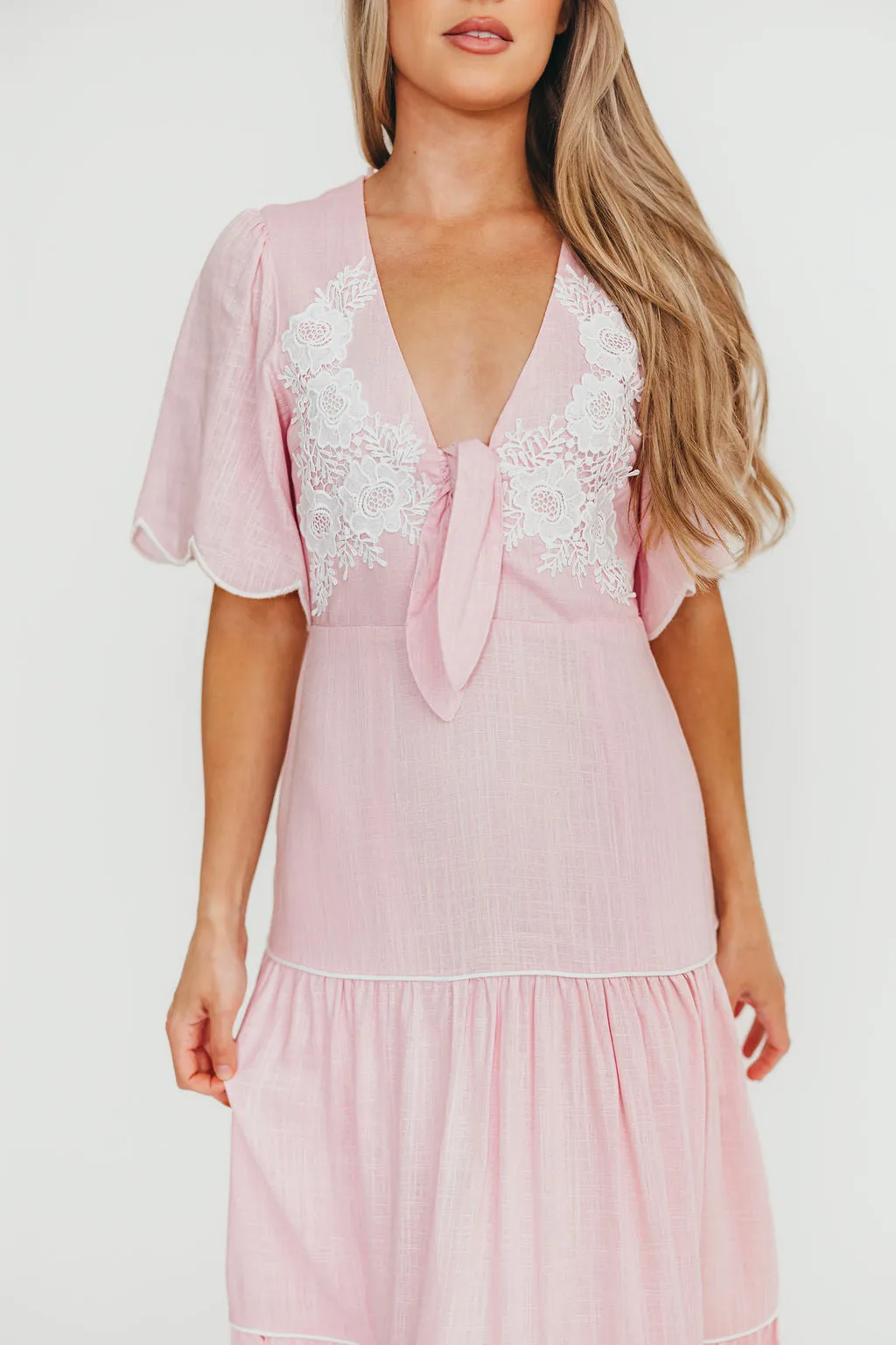Lena Embroidered Tiered Midi Dress in Soft Pink