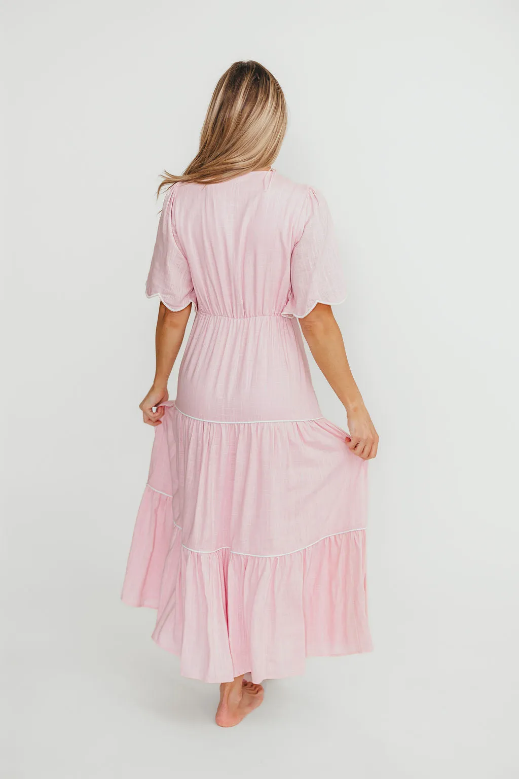 Lena Embroidered Tiered Midi Dress in Soft Pink