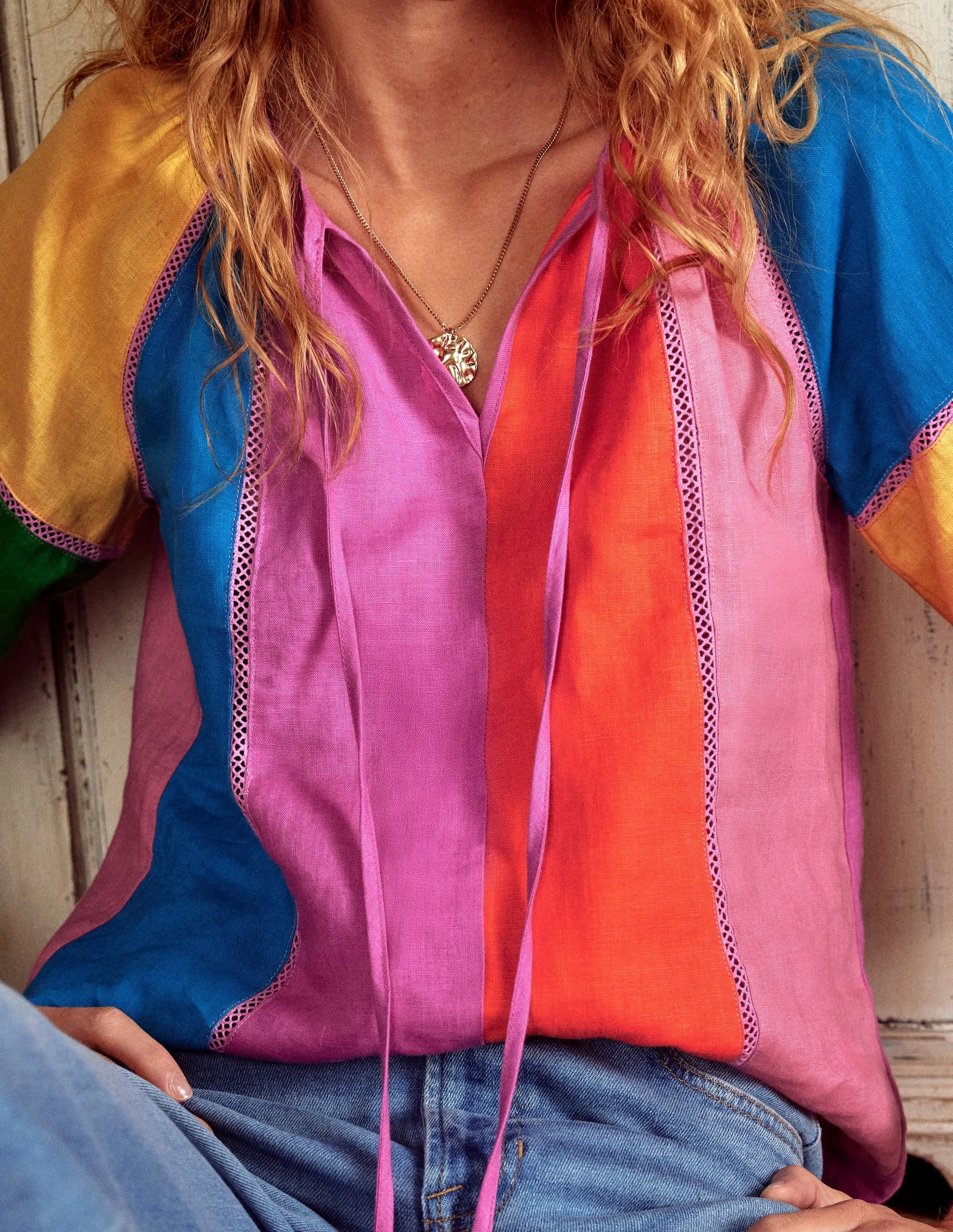 Linen Colour Block Top-Multi