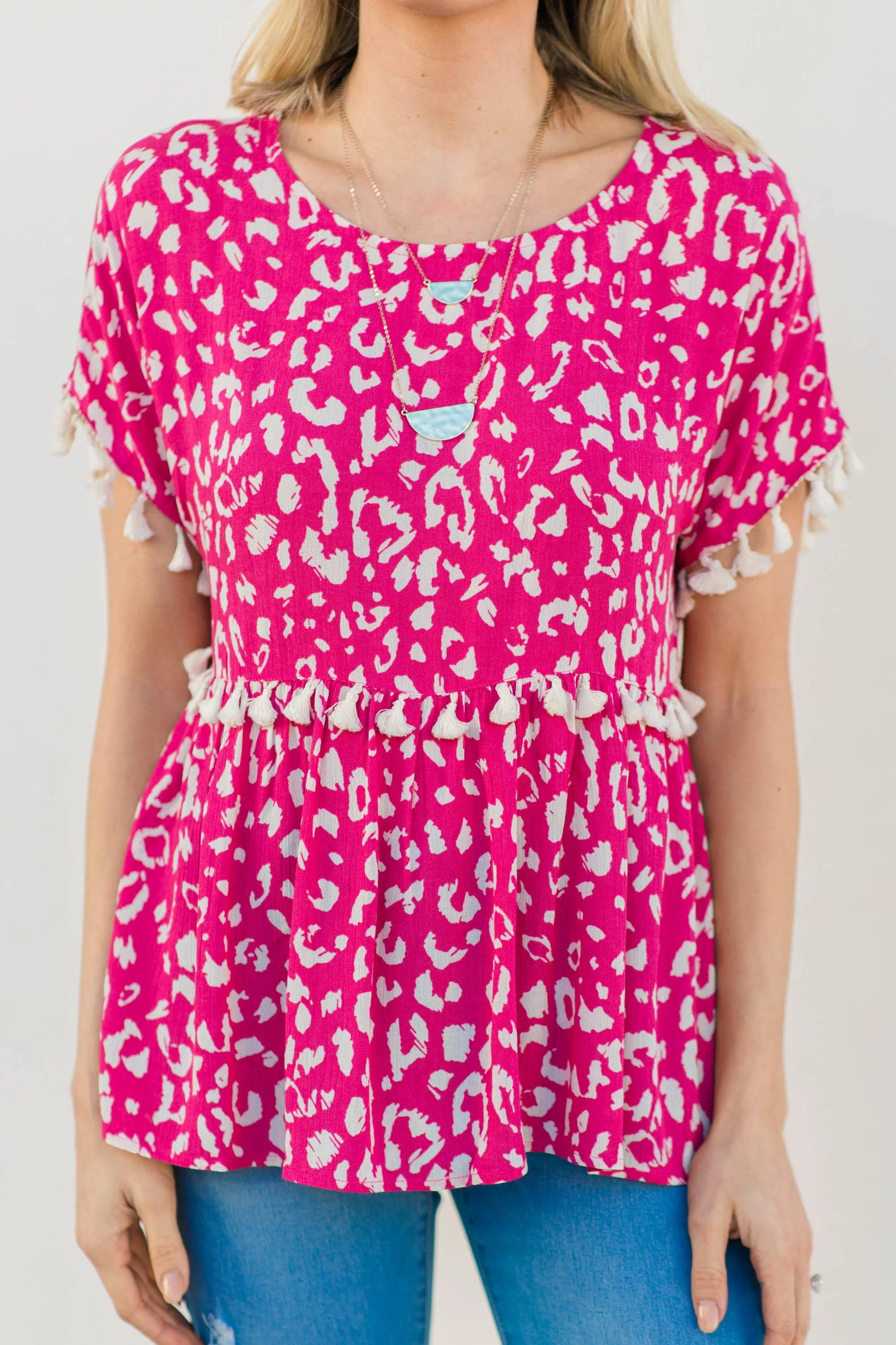 Live Your Life Hot Pink Leopard Tassel Top