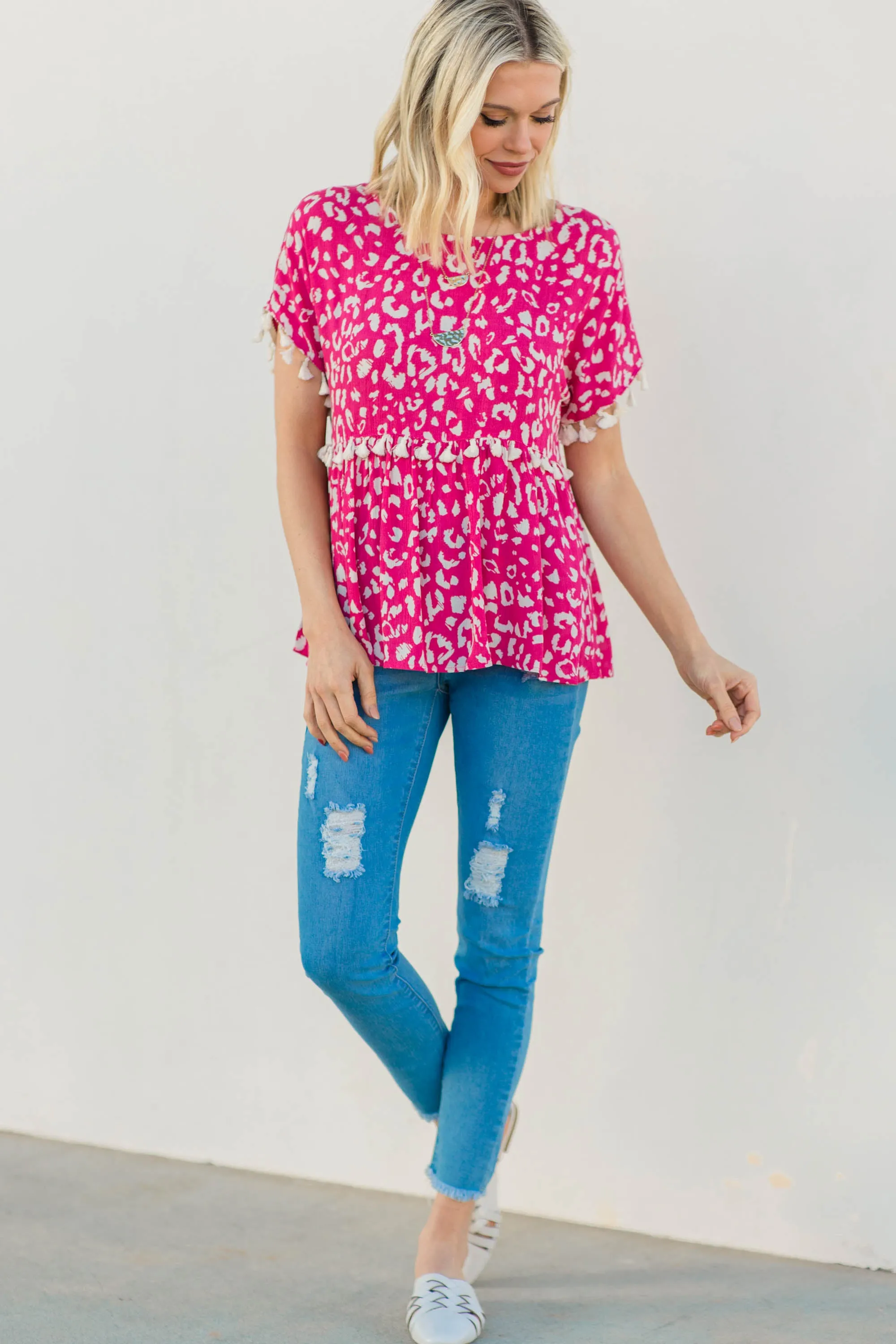 Live Your Life Hot Pink Leopard Tassel Top