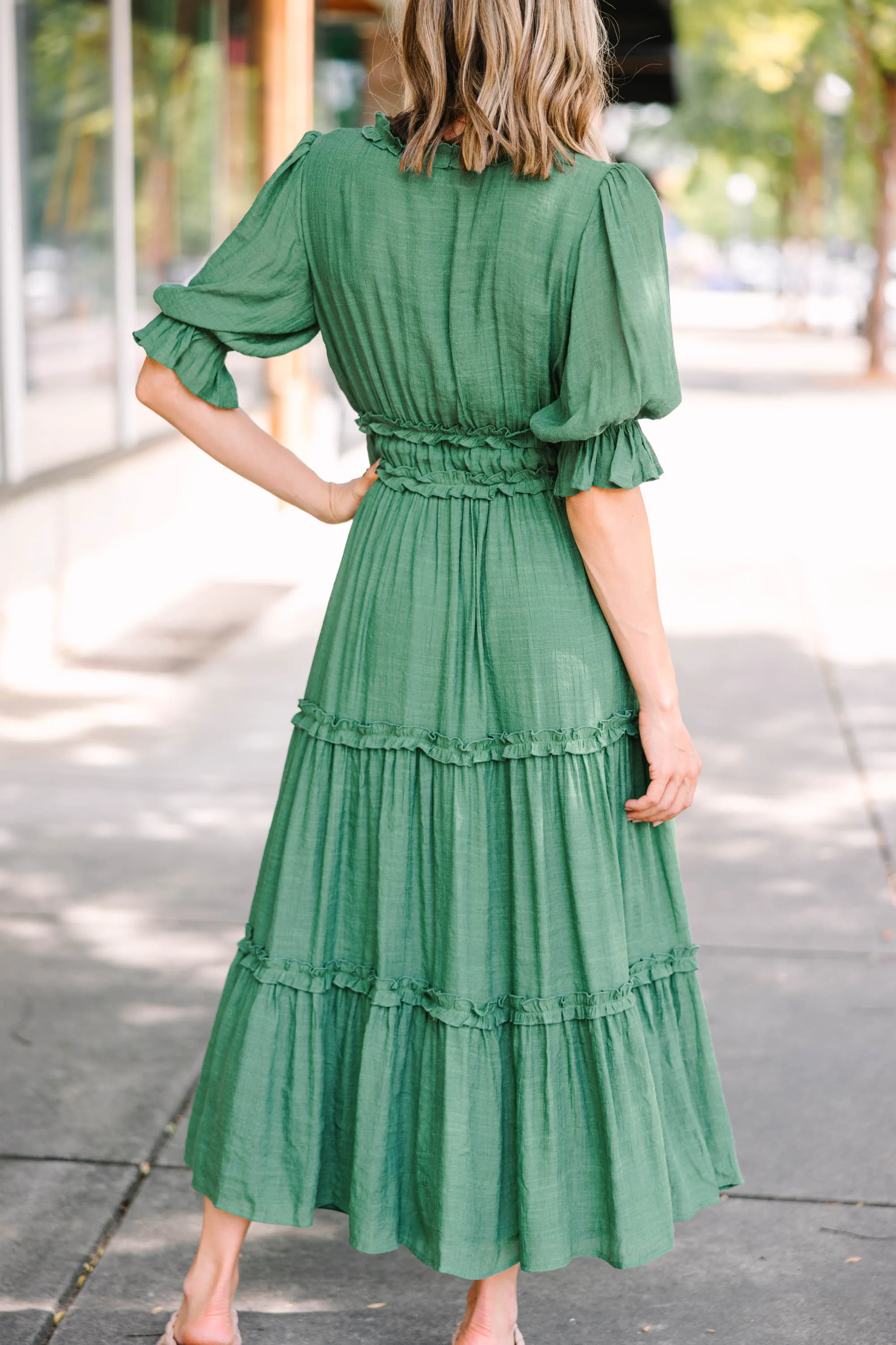 Living In A Dream Green Ruffled Midi Dress