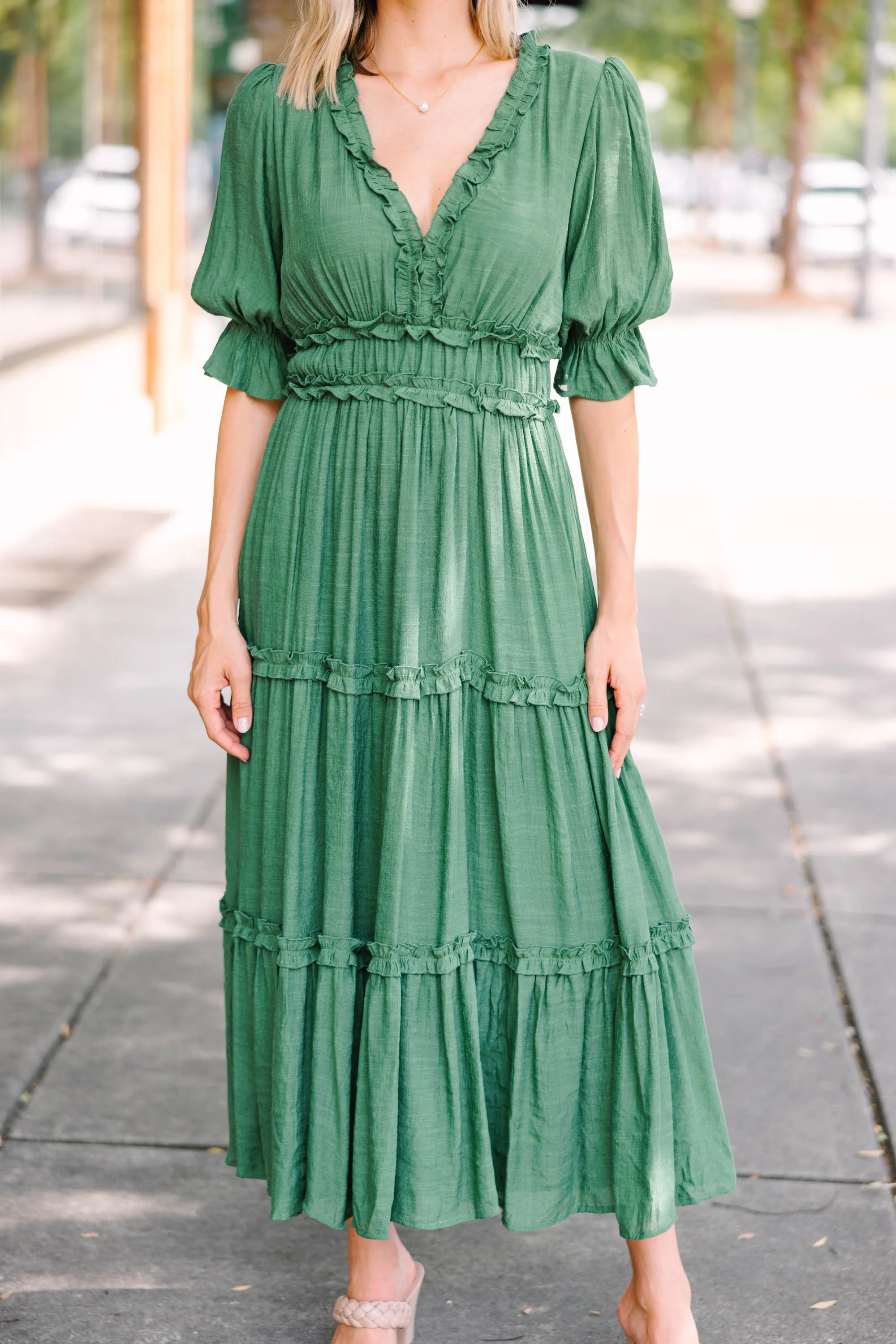 Living In A Dream Green Ruffled Midi Dress