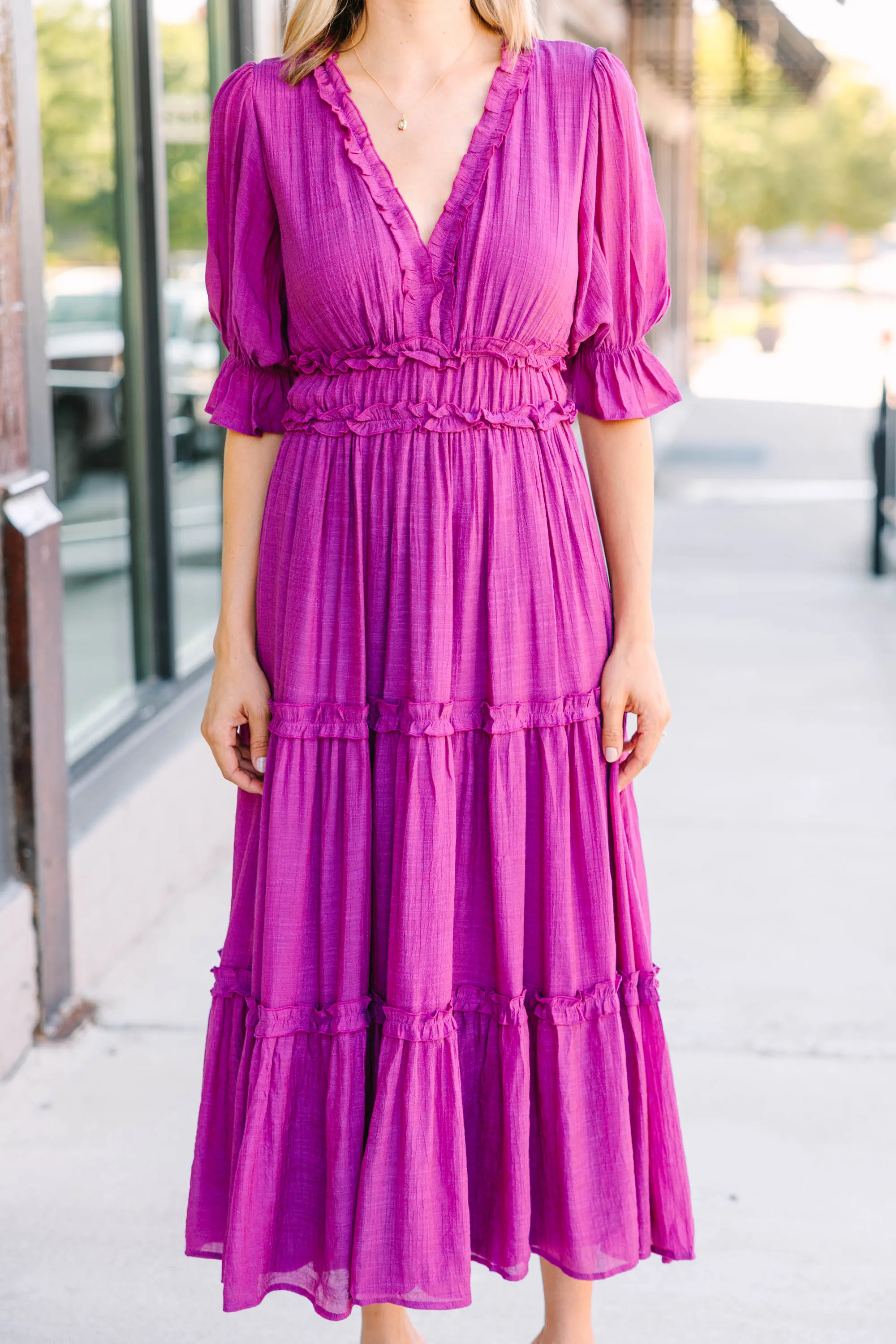 Living In A Dream Magenta Purple Ruffled Midi Dress
