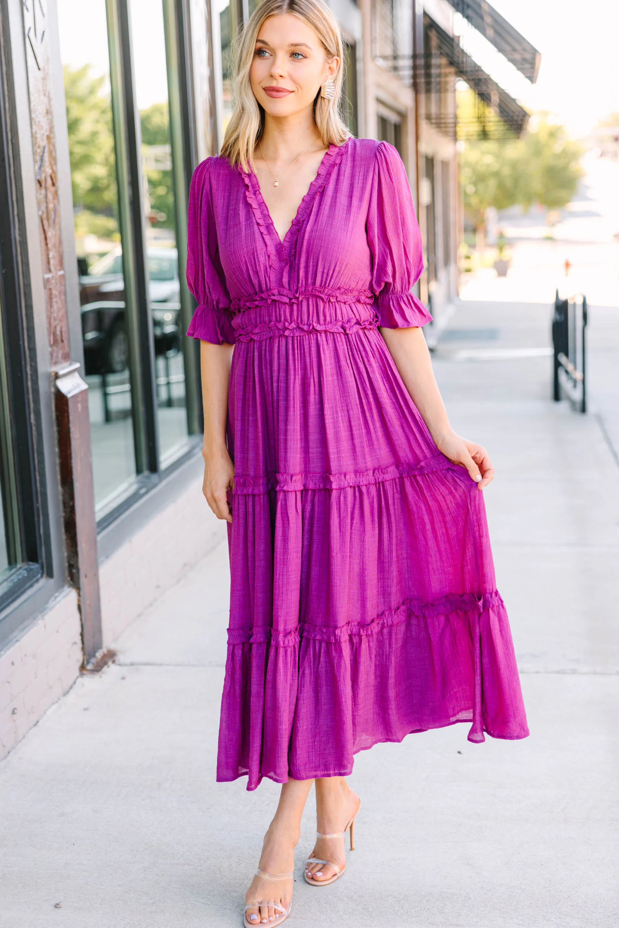 Living In A Dream Magenta Purple Ruffled Midi Dress