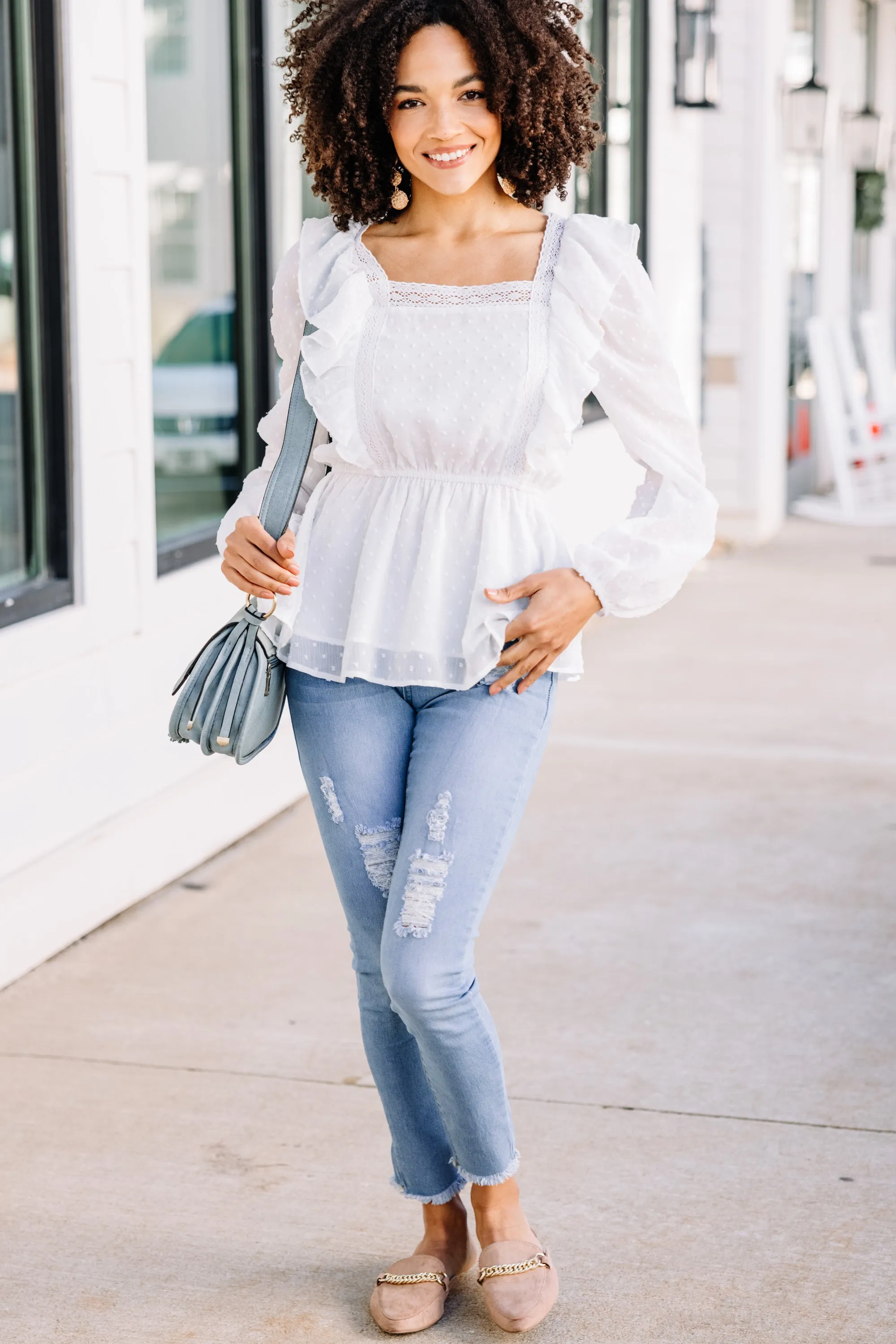 Look Closely Ivory White Swiss Dot Blouse