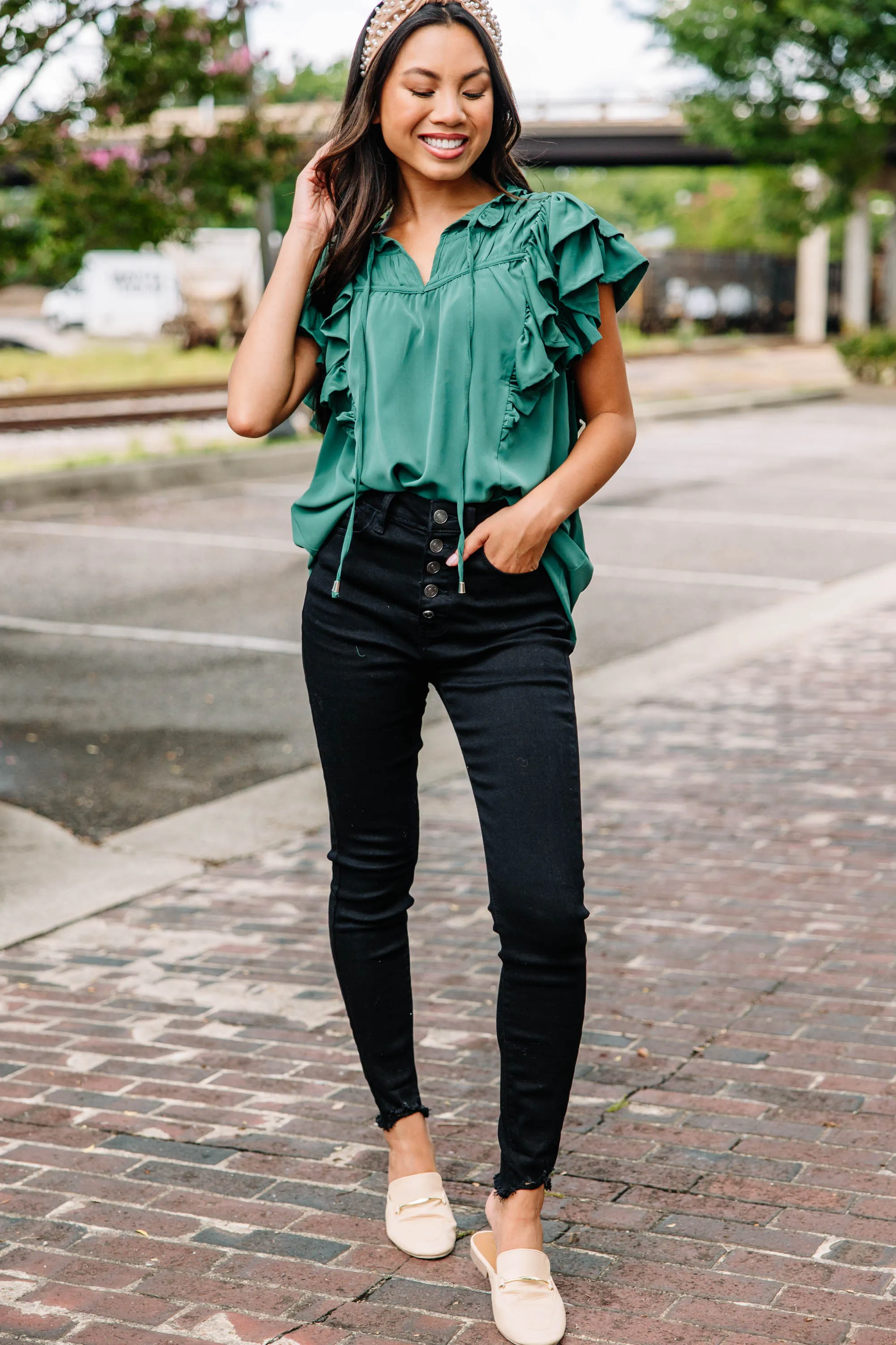 Look This Way Pine Green Ruffled Blouse