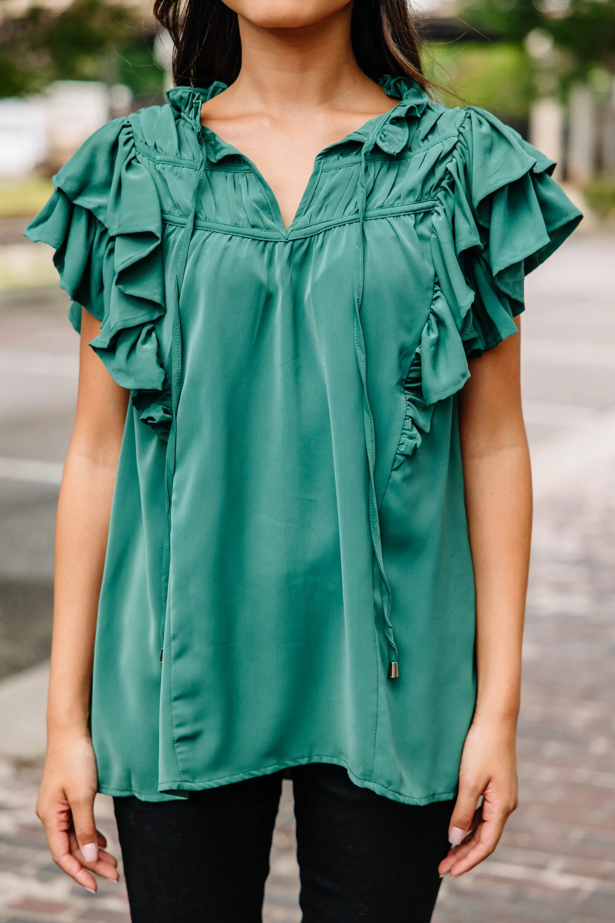 Look This Way Pine Green Ruffled Blouse