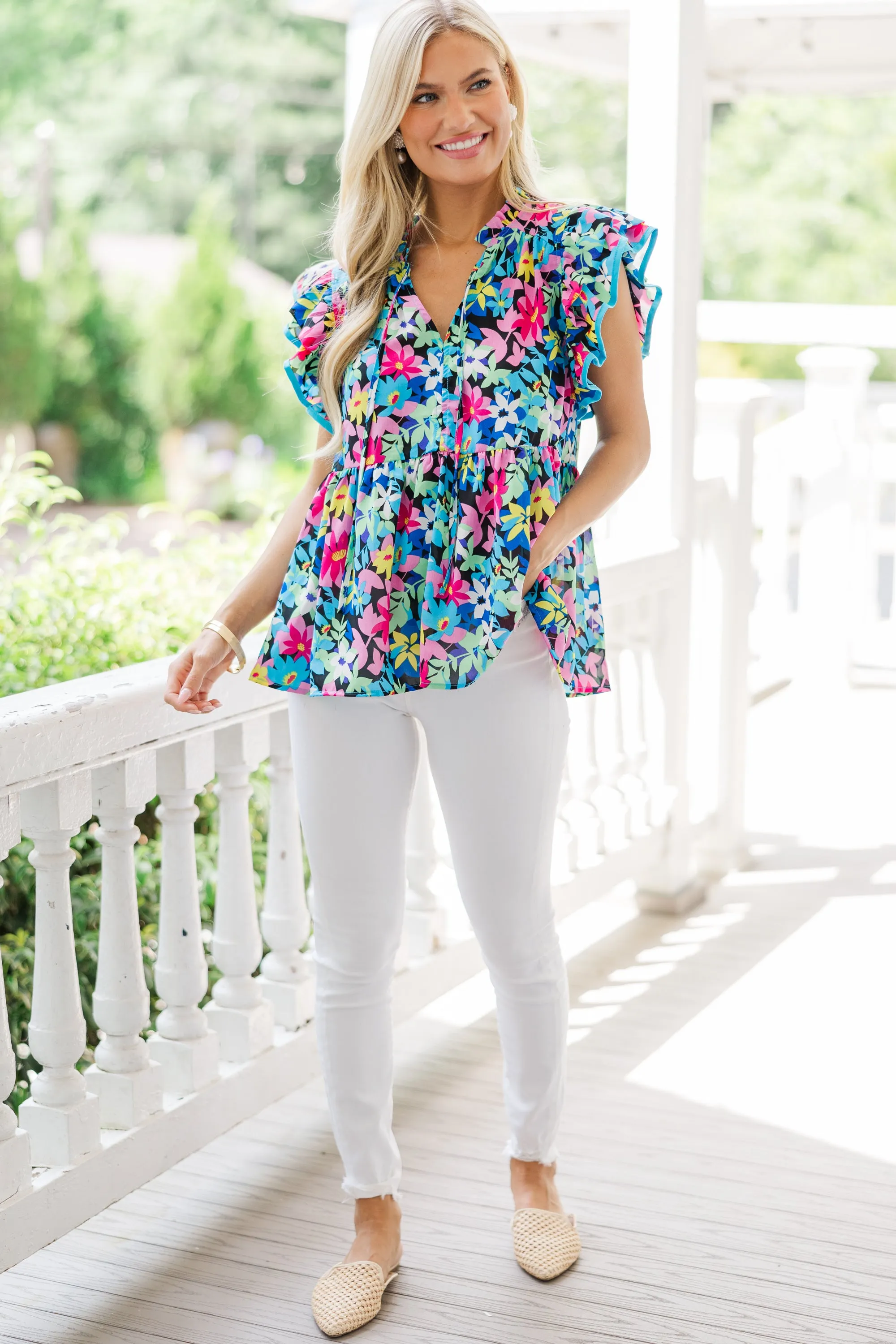 Looking For Joy Blue Ditsy Floral Blouse