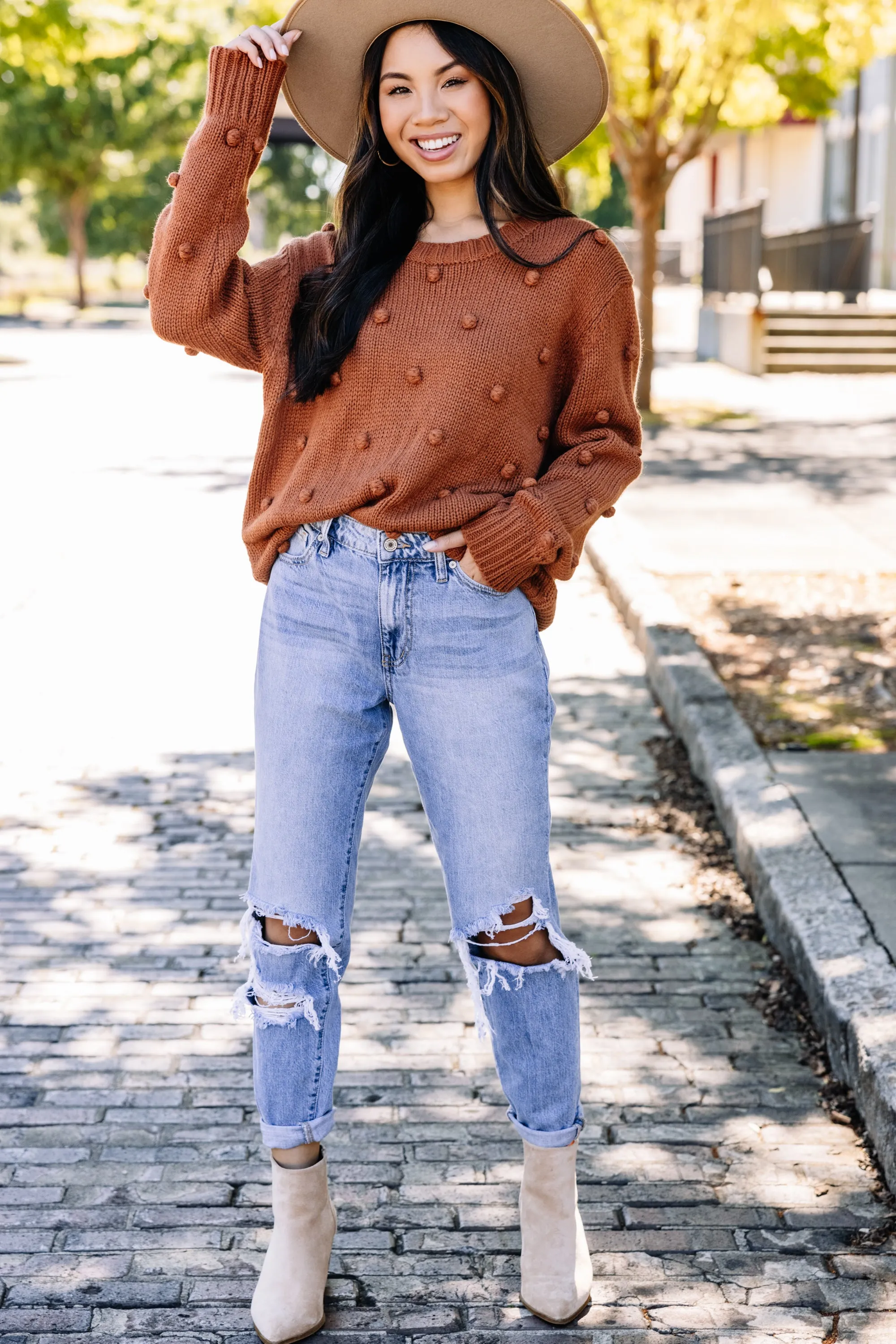 Looking Forward Rust Orange Pompom Sweater