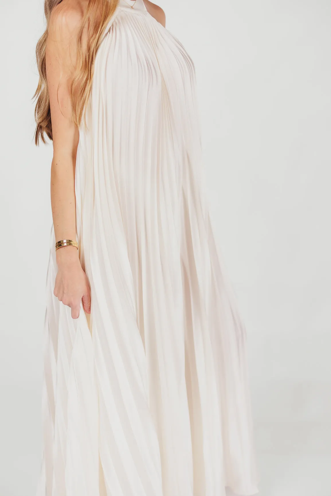 Maren Pleated Halter Maxi Dress in Cream - Bump Friendly