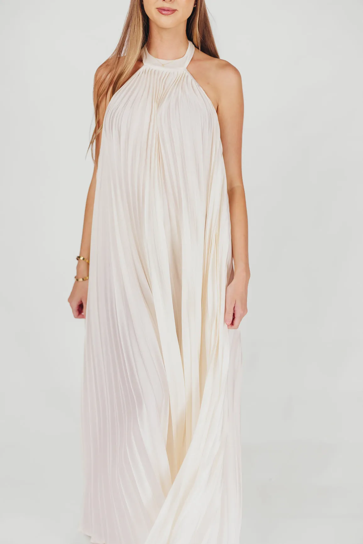 Maren Pleated Halter Maxi Dress in Cream - Bump Friendly