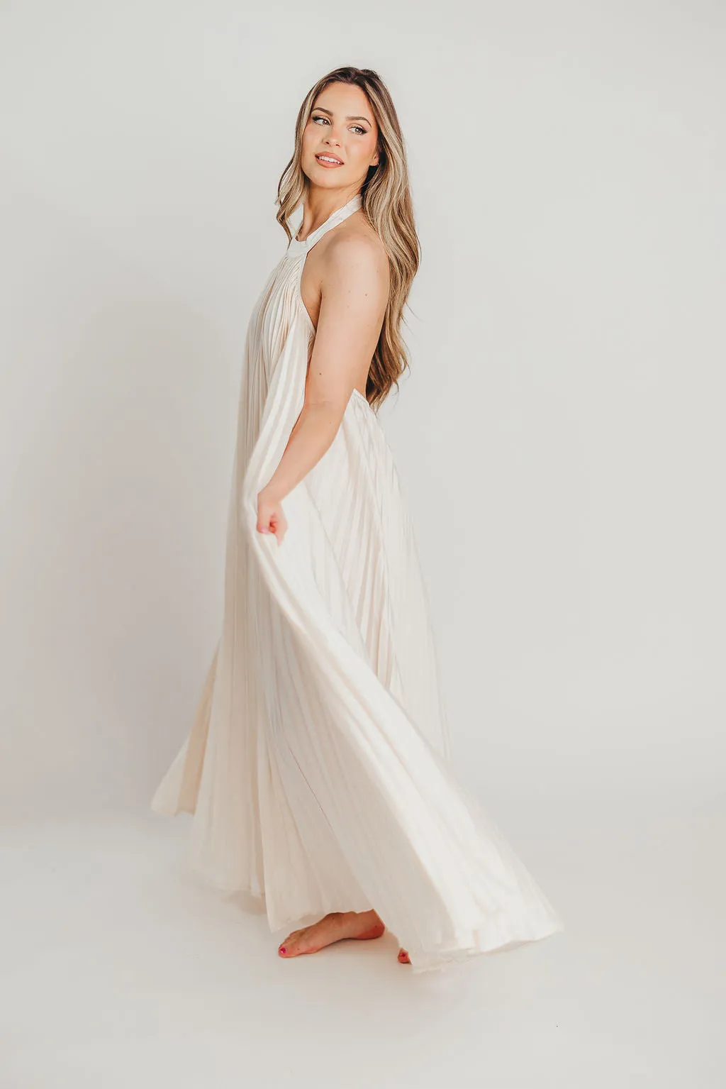 Maren Pleated Halter Maxi Dress in Cream - Bump Friendly
