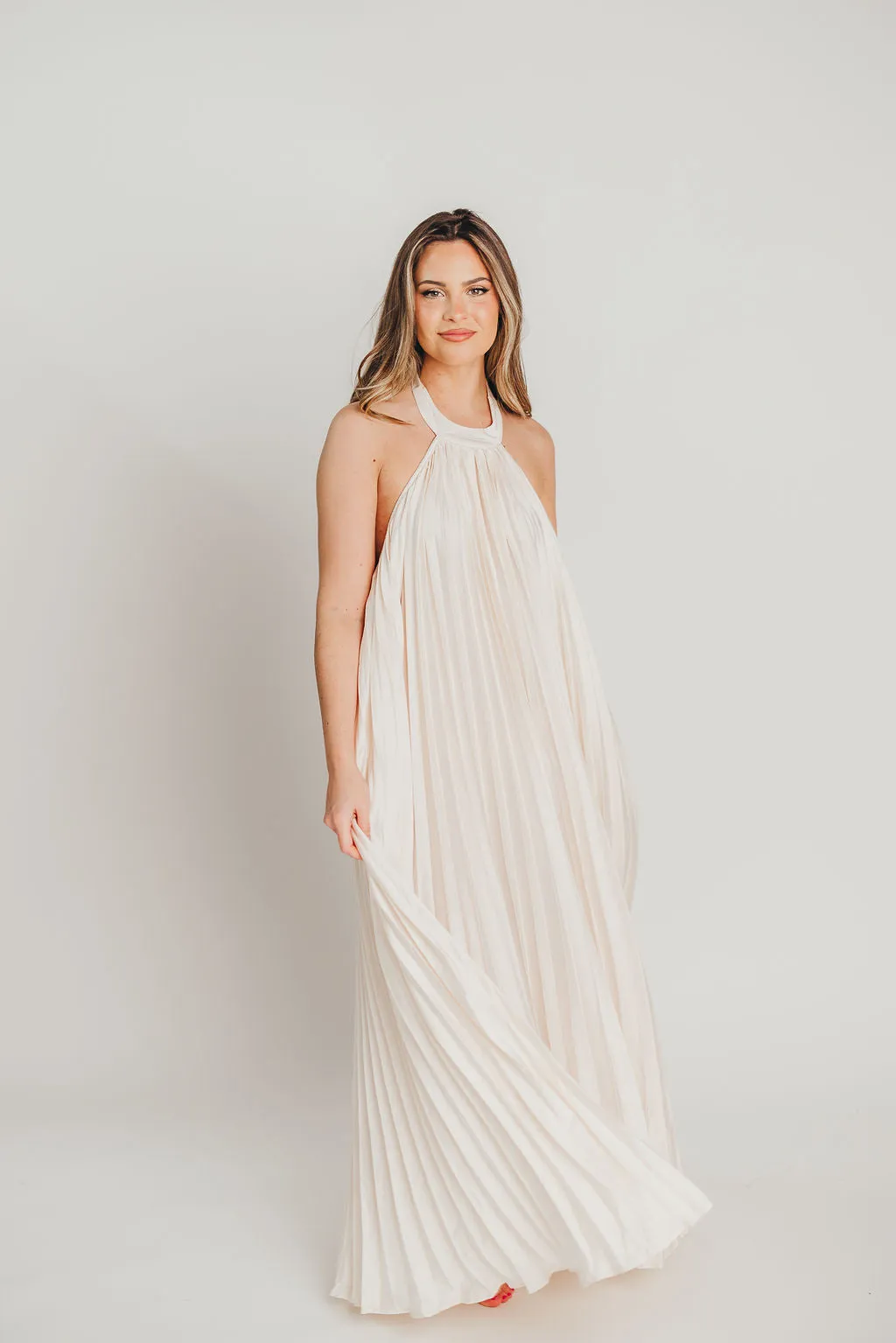 Maren Pleated Halter Maxi Dress in Cream - Bump Friendly