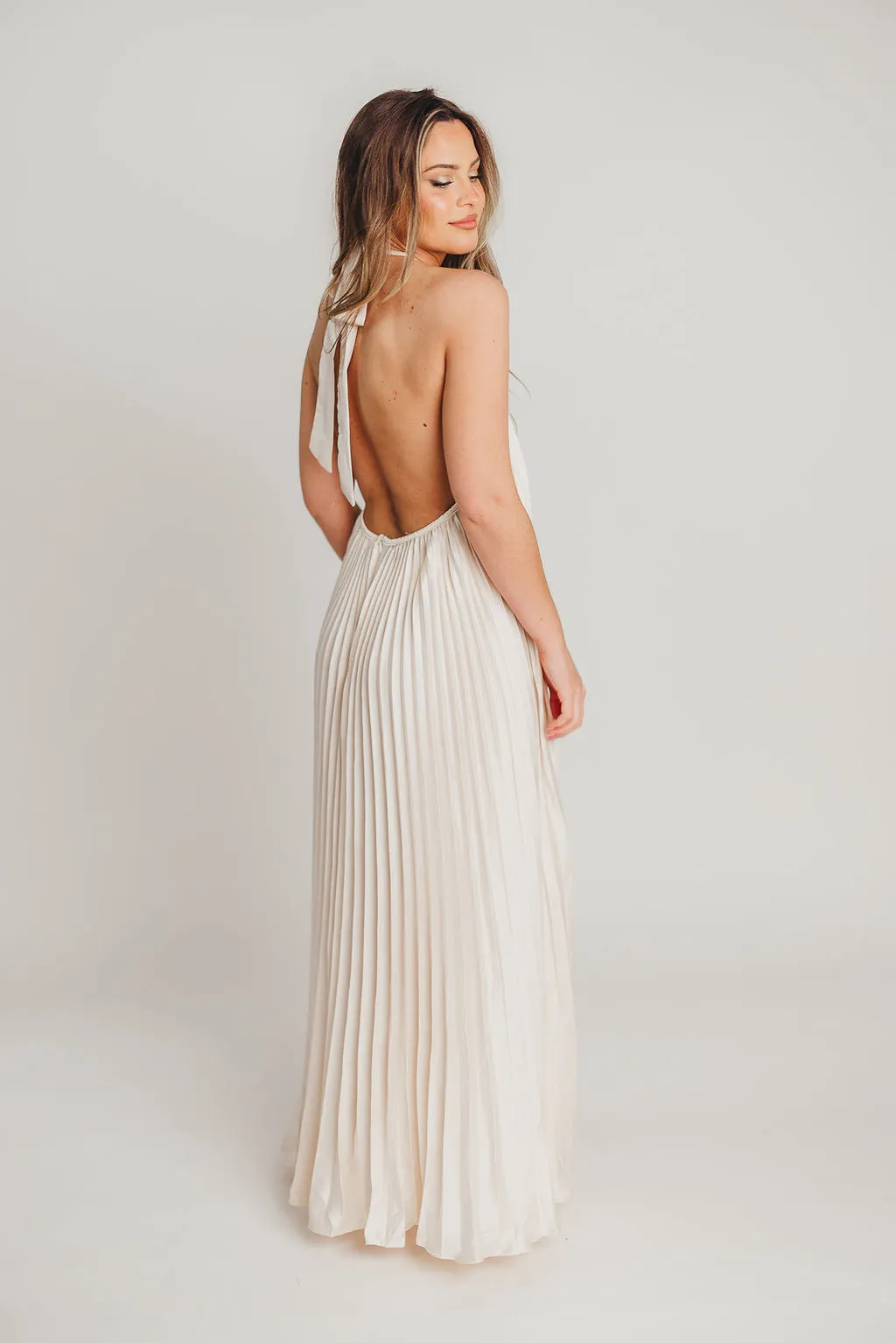 Maren Pleated Halter Maxi Dress in Cream - Bump Friendly