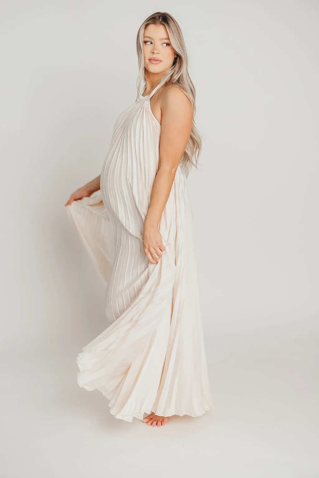Maren Pleated Halter Maxi Dress in Cream - Bump Friendly