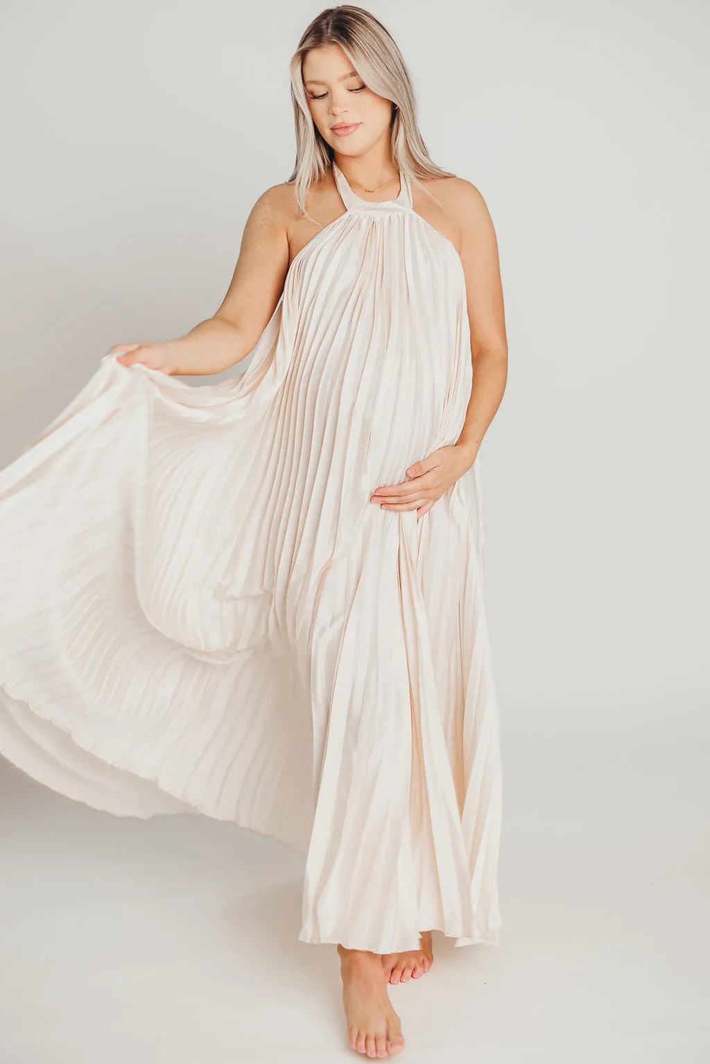 Maren Pleated Halter Maxi Dress in Cream - Bump Friendly