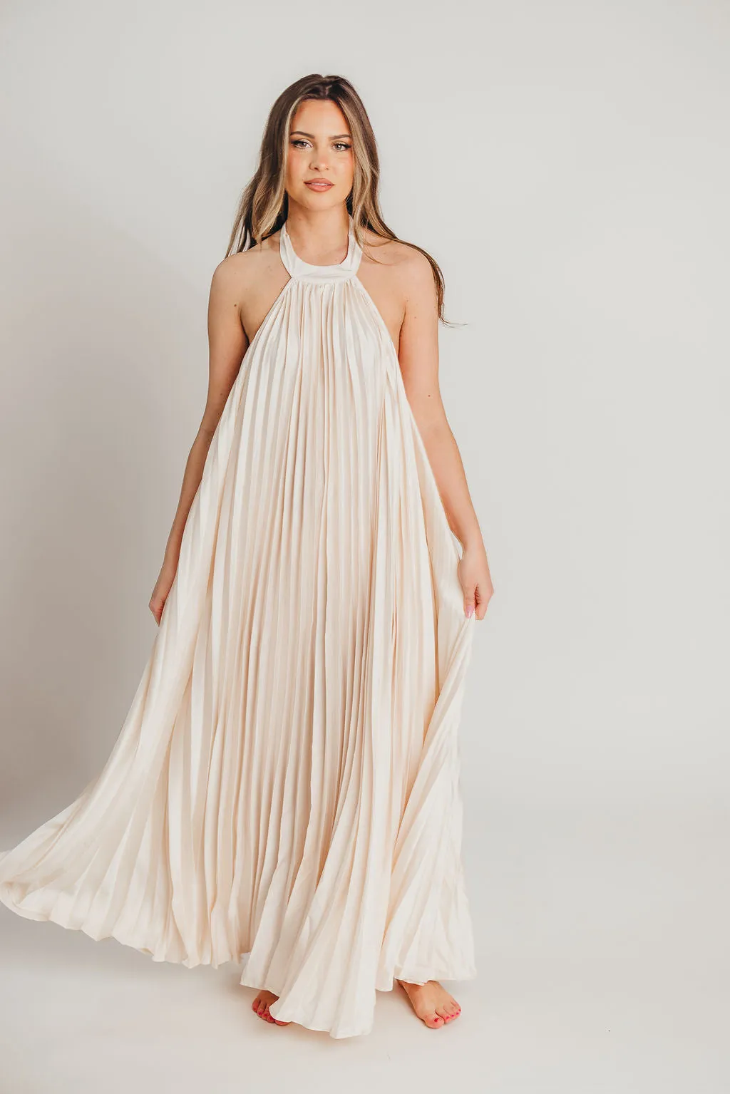 Maren Pleated Halter Maxi Dress in Cream - Bump Friendly