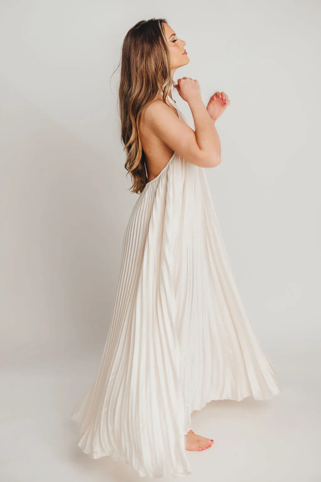 Maren Pleated Halter Maxi Dress in Cream - Bump Friendly