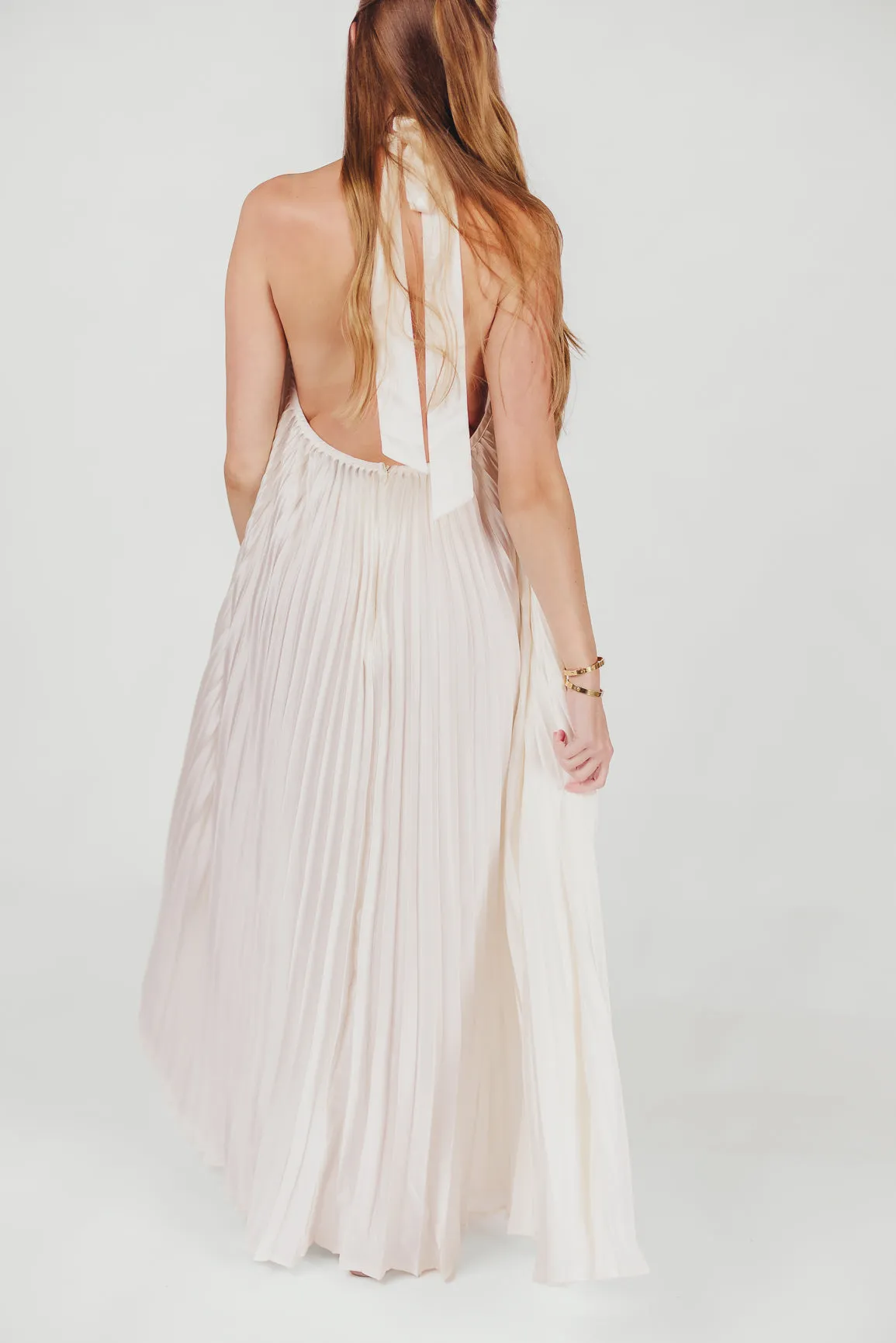 Maren Pleated Halter Maxi Dress in Cream - Bump Friendly