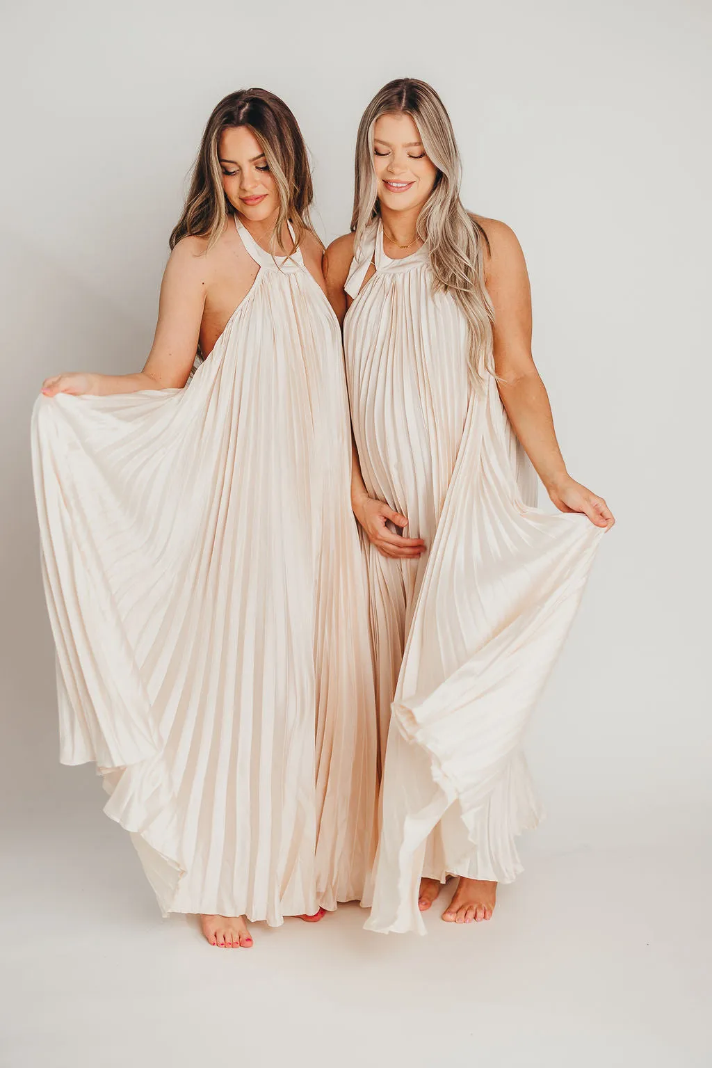 Maren Pleated Halter Maxi Dress in Cream - Bump Friendly