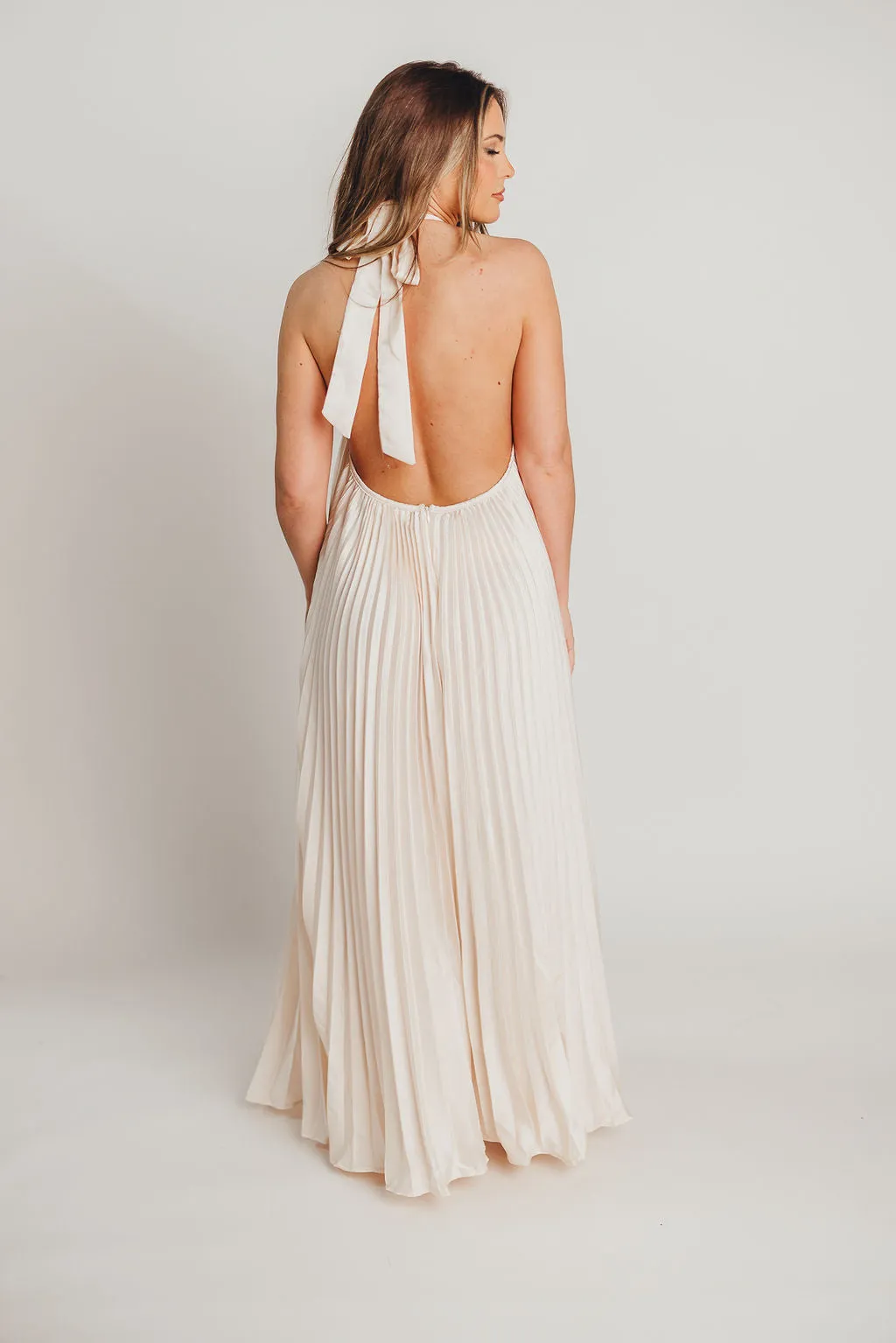 Maren Pleated Halter Maxi Dress in Cream - Bump Friendly