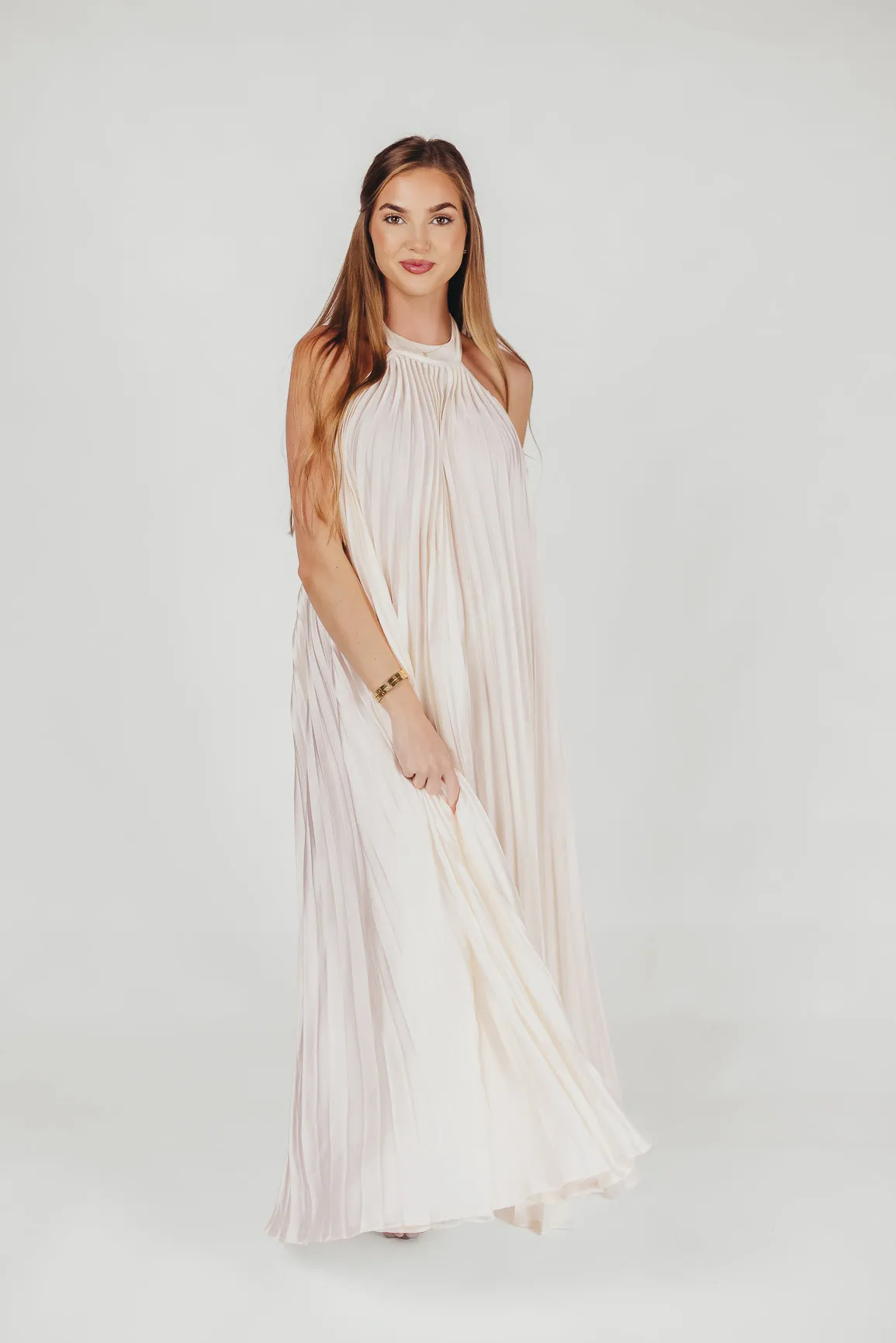 Maren Pleated Halter Maxi Dress in Cream - Bump Friendly