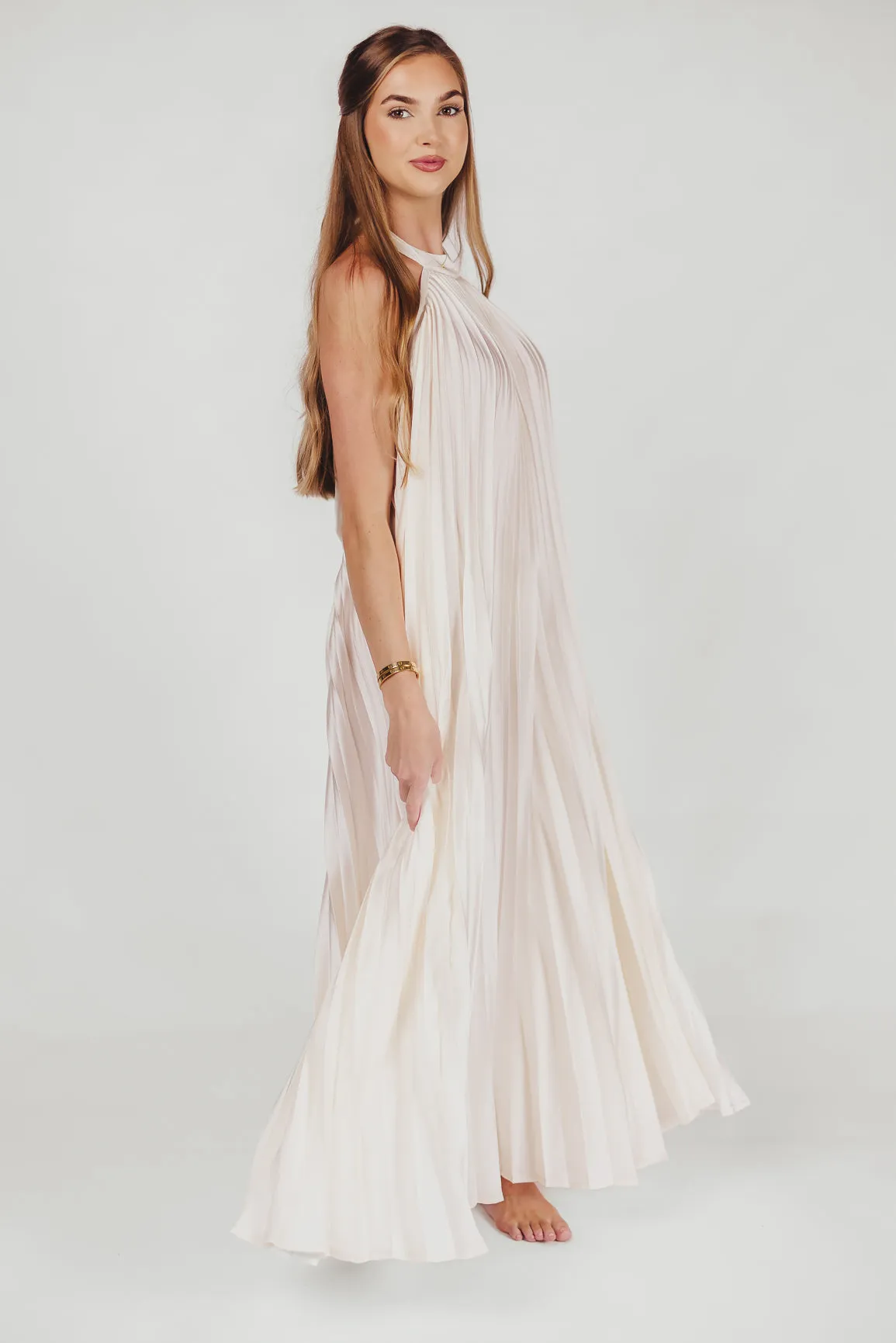 Maren Pleated Halter Maxi Dress in Cream - Bump Friendly