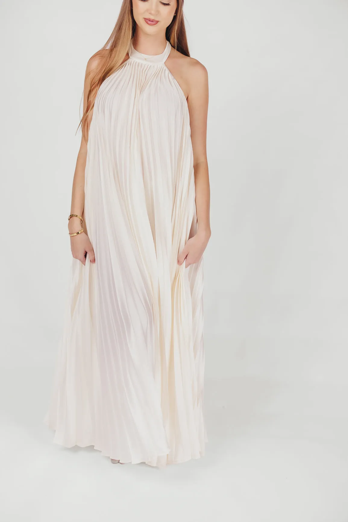 Maren Pleated Halter Maxi Dress in Cream - Bump Friendly